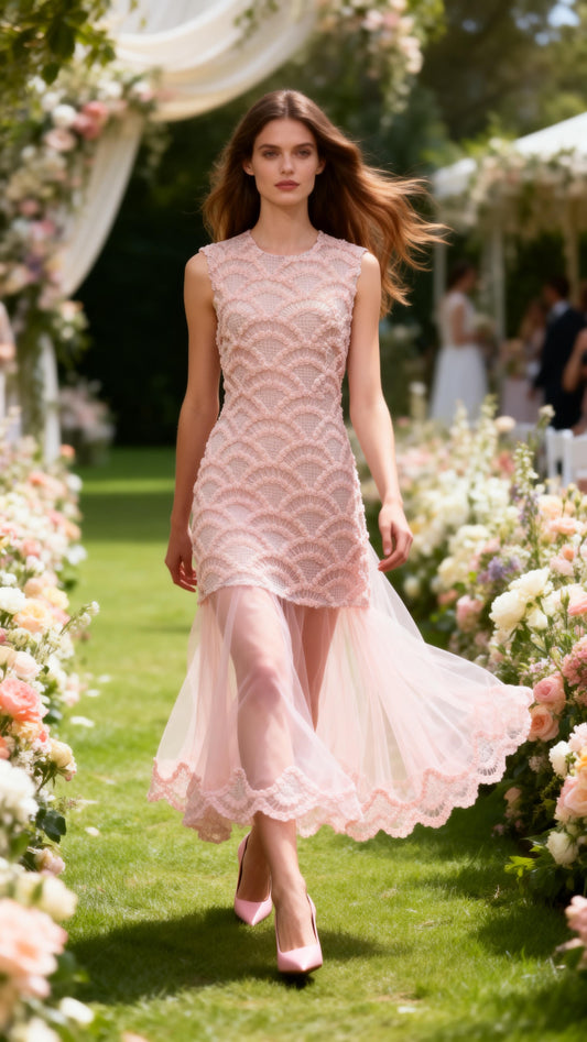 Light Pink Tulle-Paneled Faux Two-Piece Dress