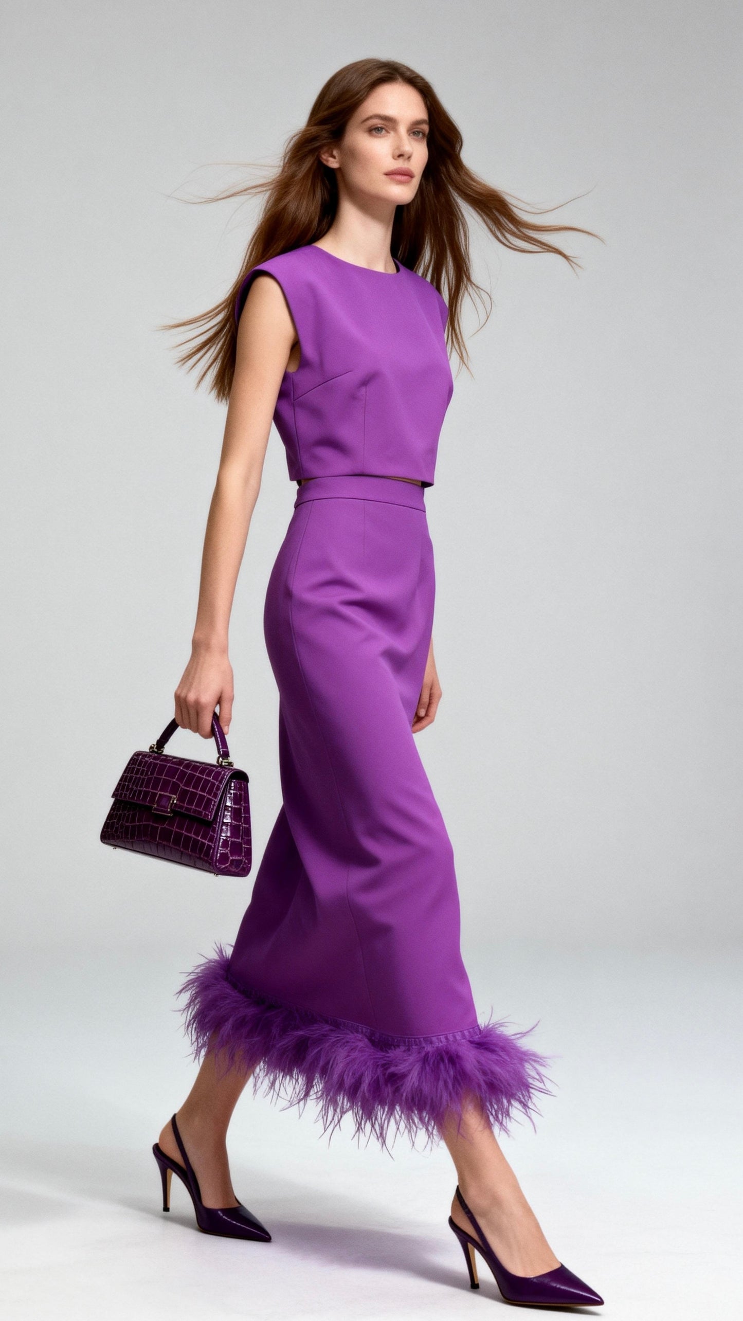 Feather-Embellished High-Waisted Midi Skirt