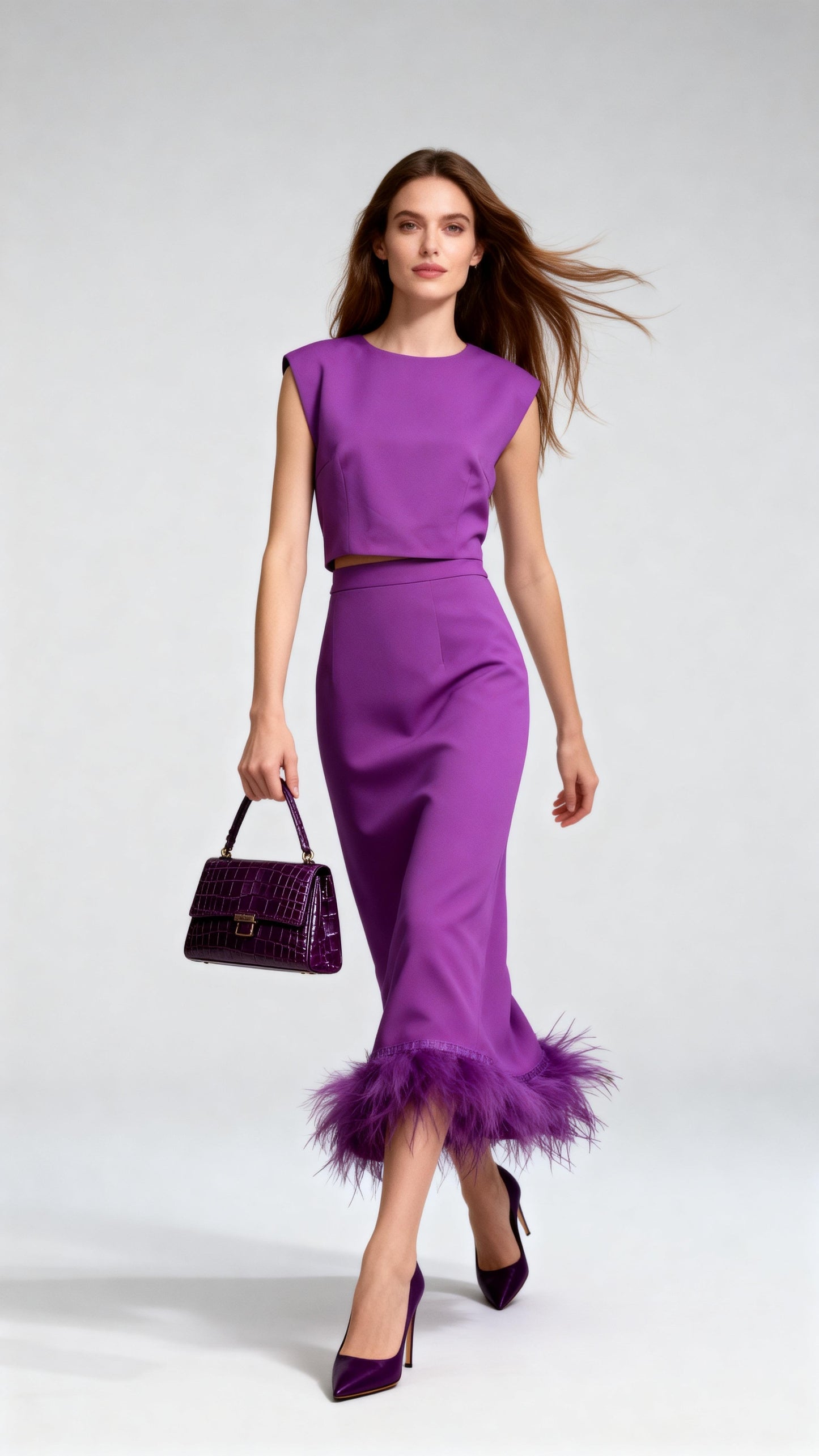 Feather-Embellished High-Waisted Midi Skirt