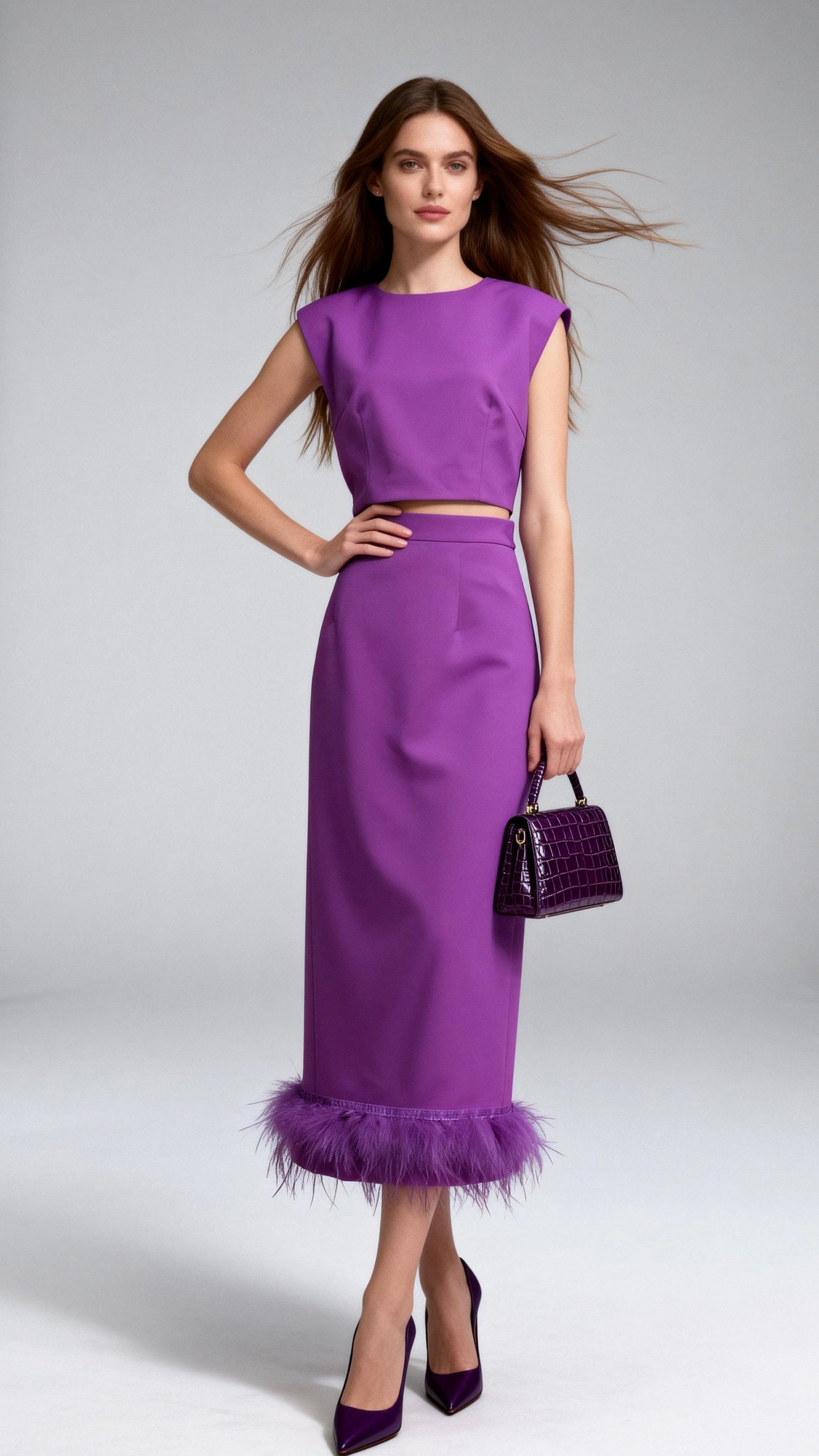 Feather-Embellished High-Waisted Midi Skirt