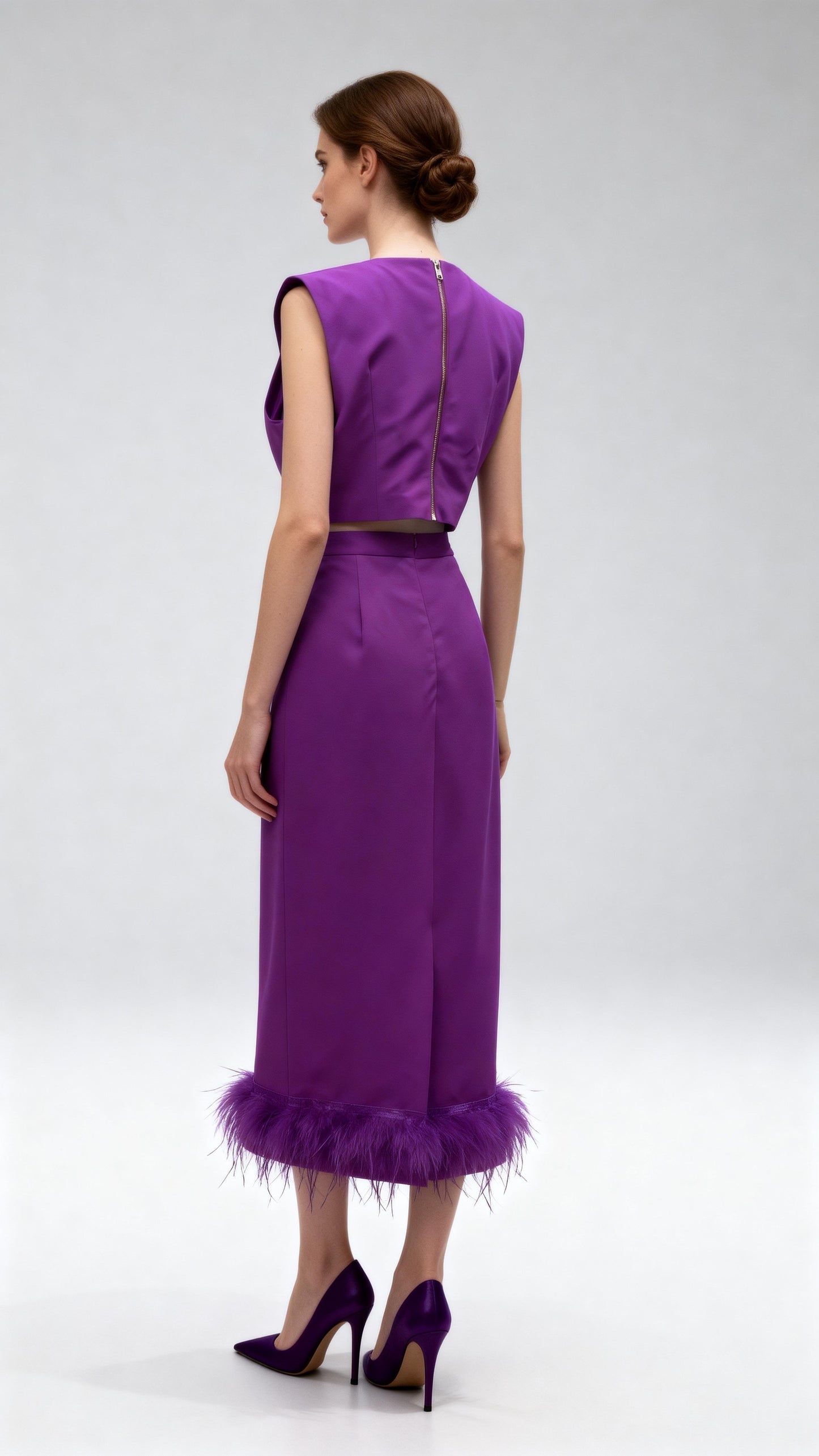 Feather-Embellished High-Waisted Midi Skirt