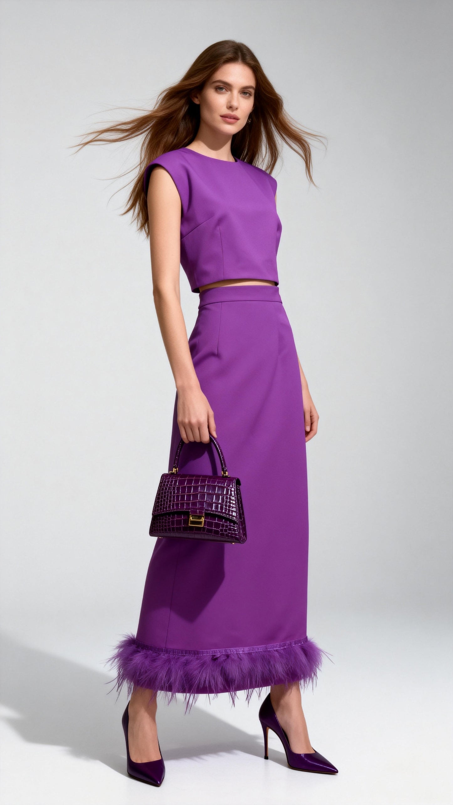 Feather-Embellished High-Waisted Midi Skirt