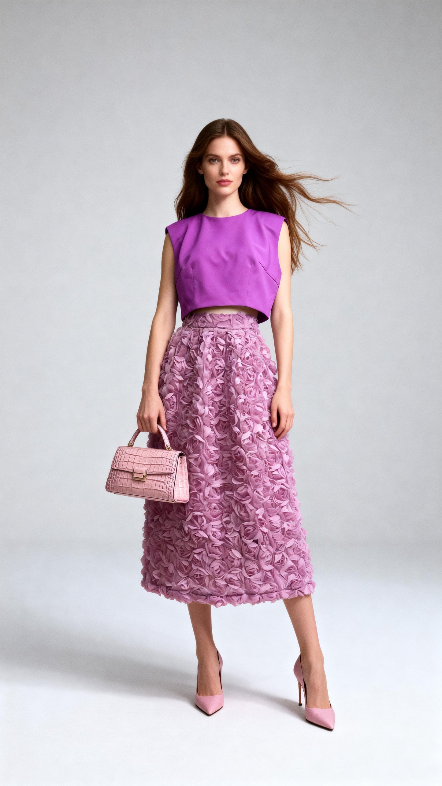 Lavender 3D Rose-Embellished Midi Skirt