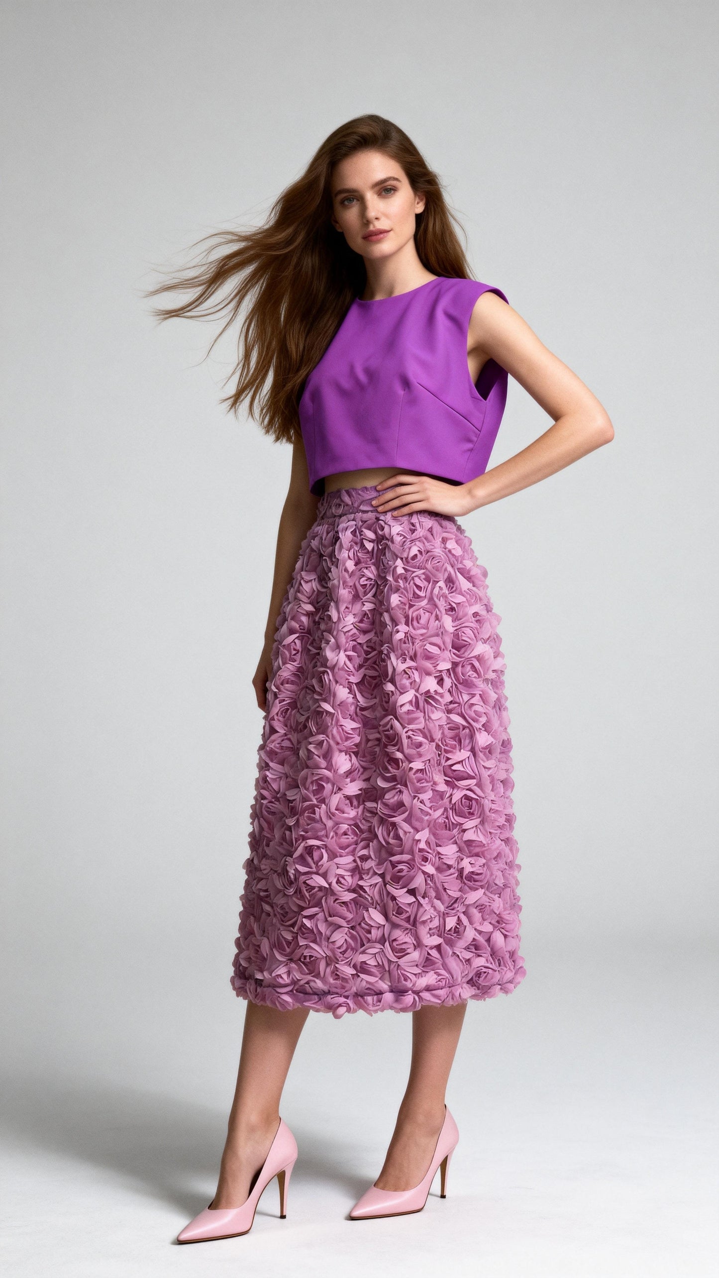 Lavender 3D Rose-Embellished Midi Skirt