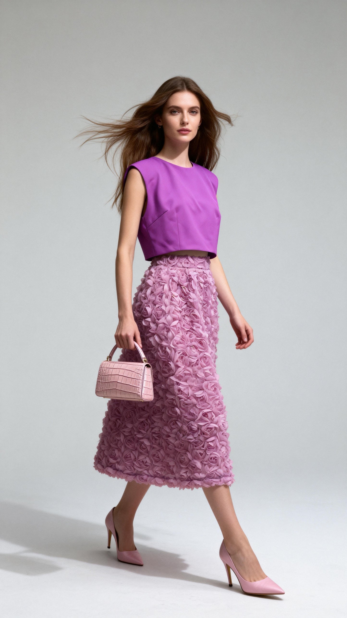 Lavender 3D Rose-Embellished Midi Skirt