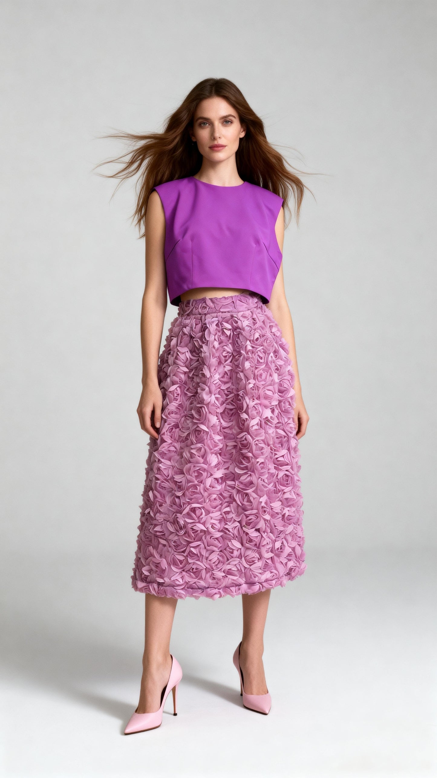 Lavender 3D Rose-Embellished Midi Skirt