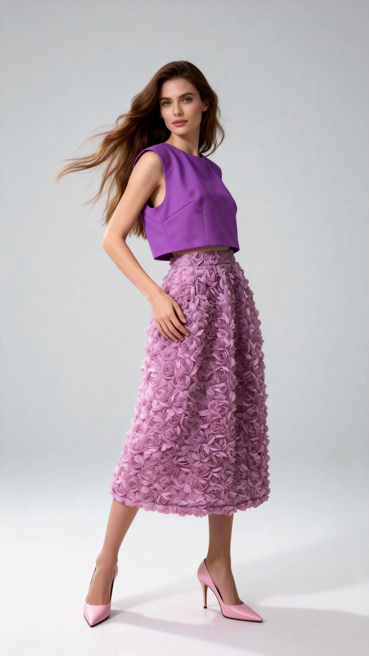 Lavender 3D Rose-Embellished Midi Skirt