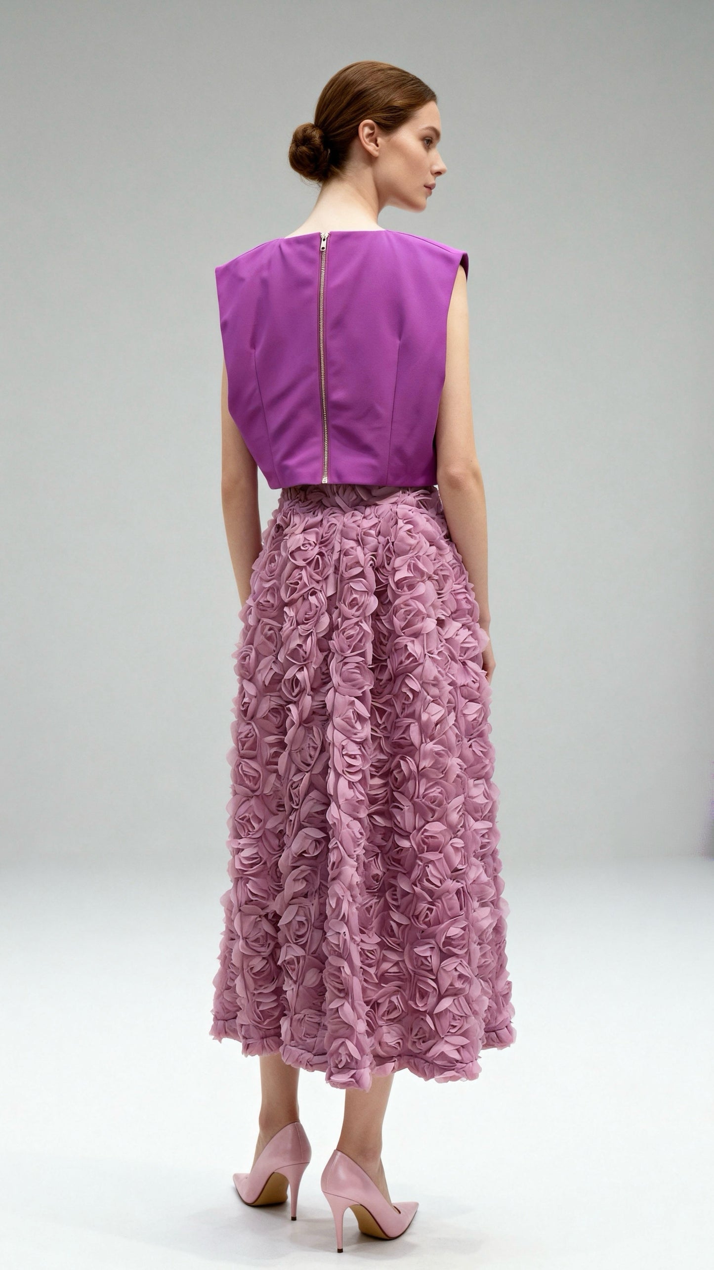 Lavender 3D Rose-Embellished Midi Skirt