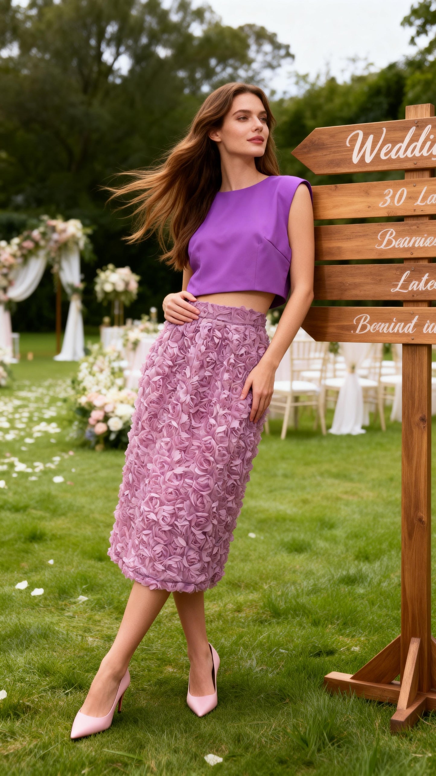 Lavender 3D Rose-Embellished Midi Skirt