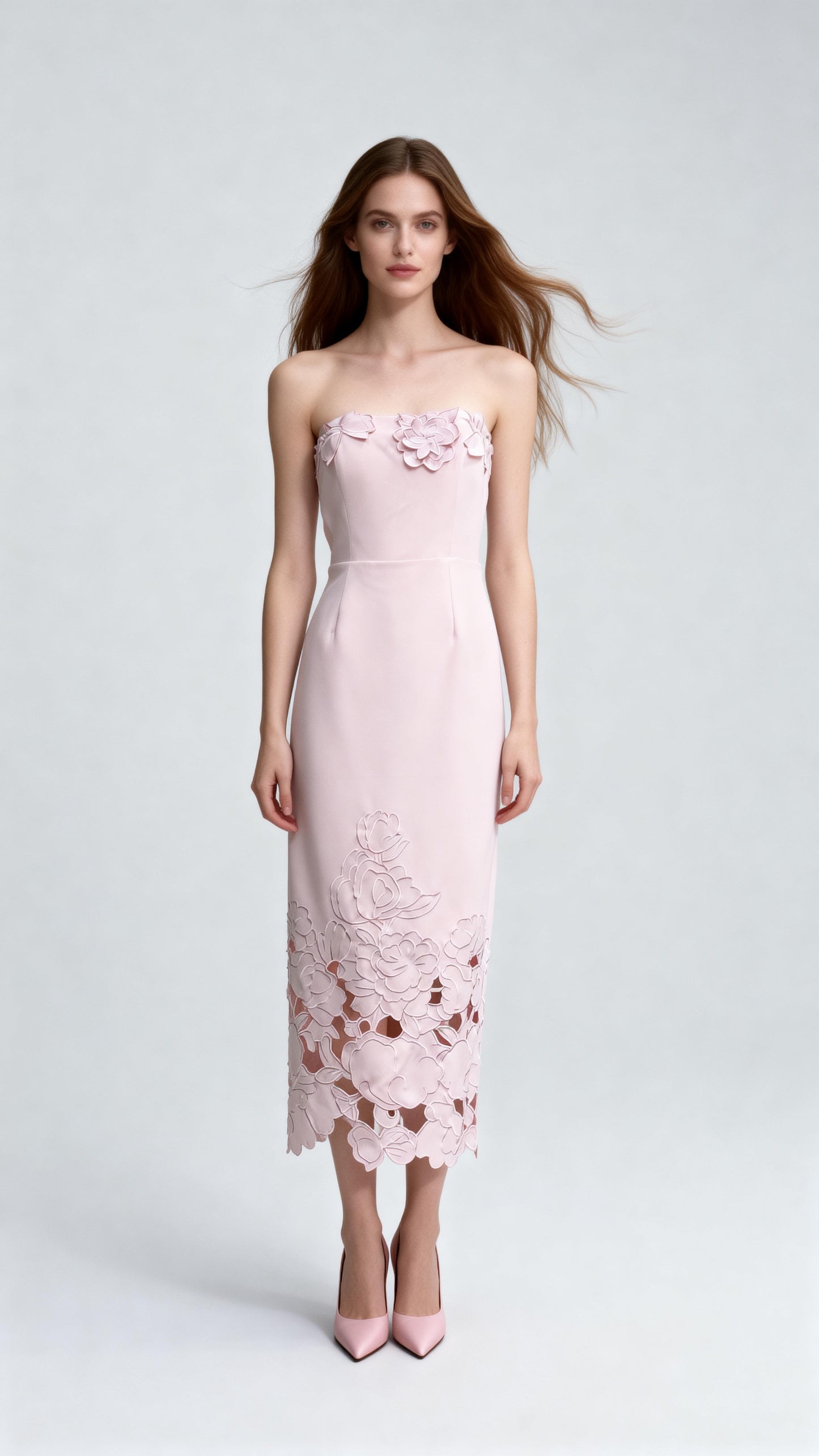 Light Pink Strapless 3D Floral Cutout Dress