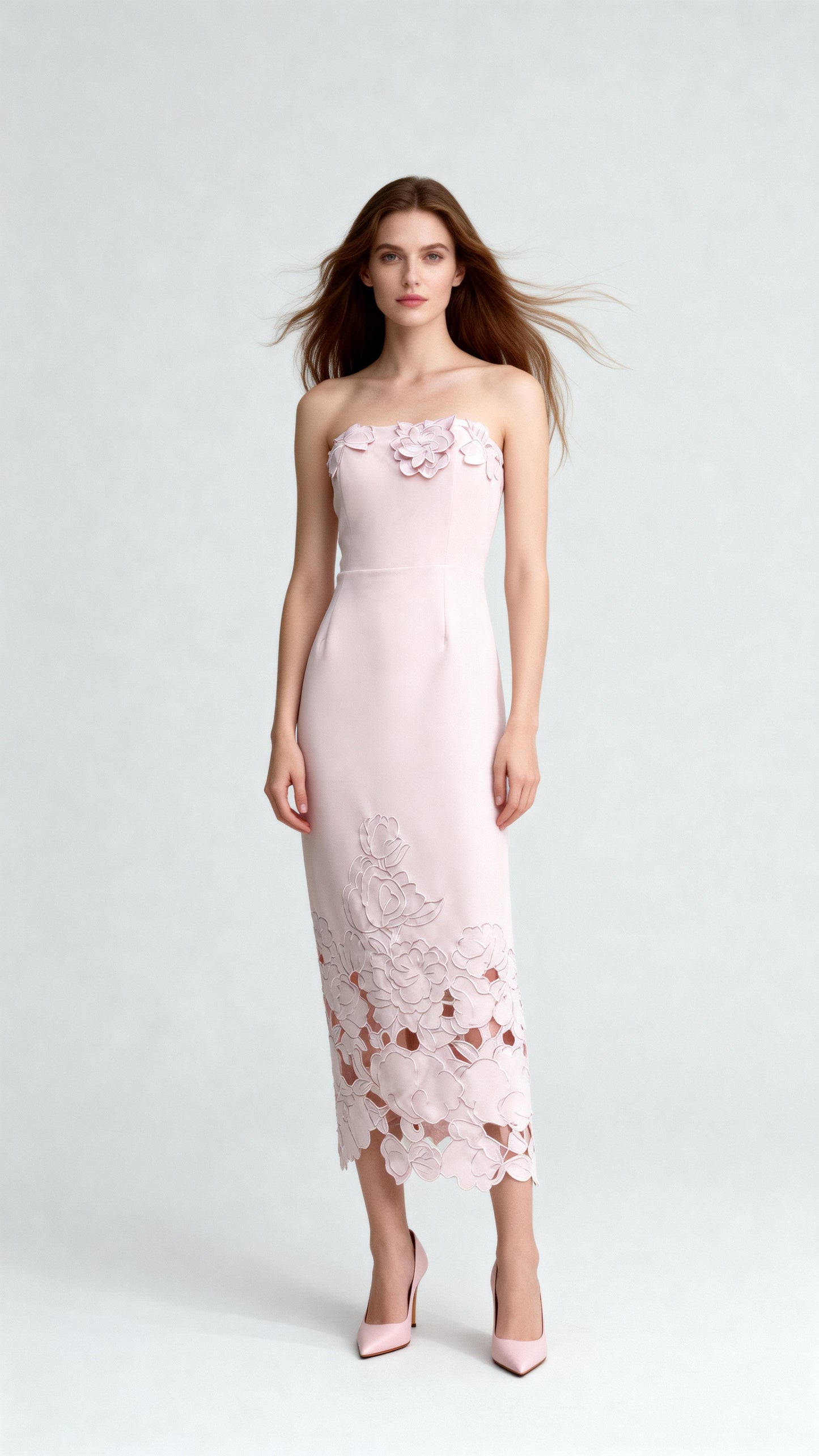 Light Pink Strapless 3D Floral Cutout Dress