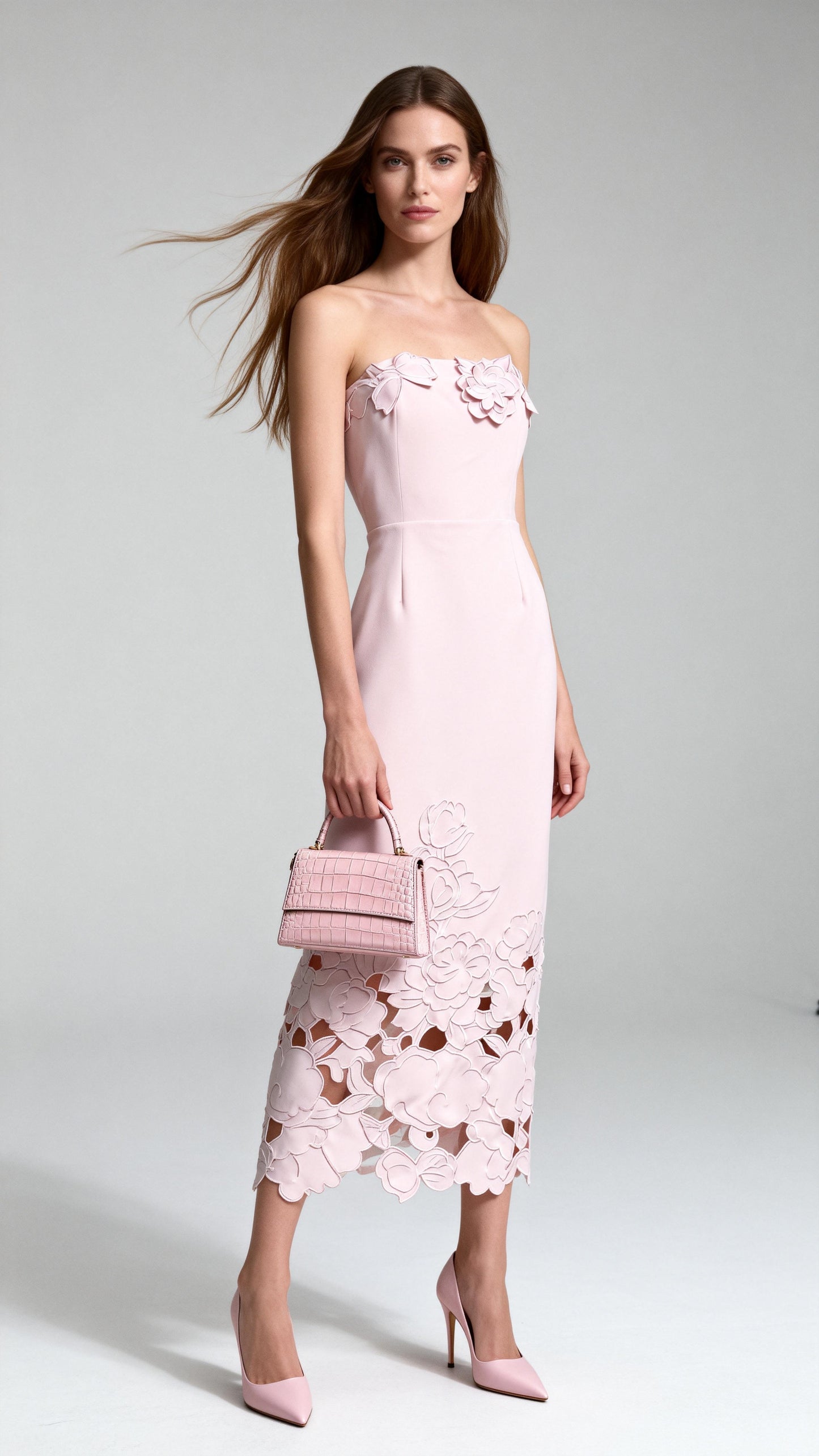 Light Pink Strapless 3D Floral Cutout Dress
