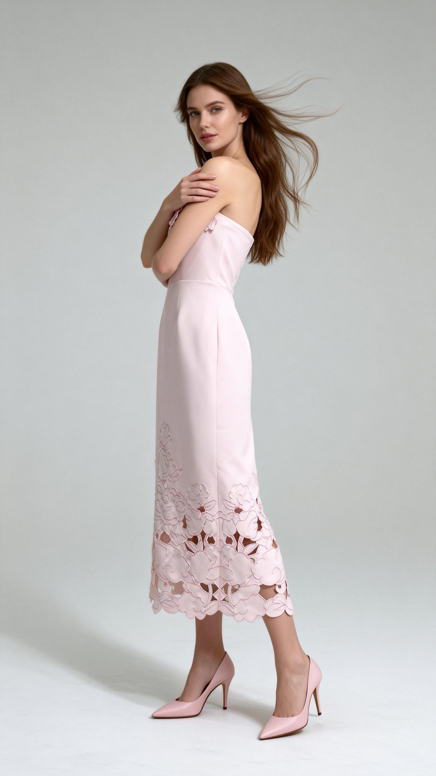 Light Pink Strapless 3D Floral Cutout Dress