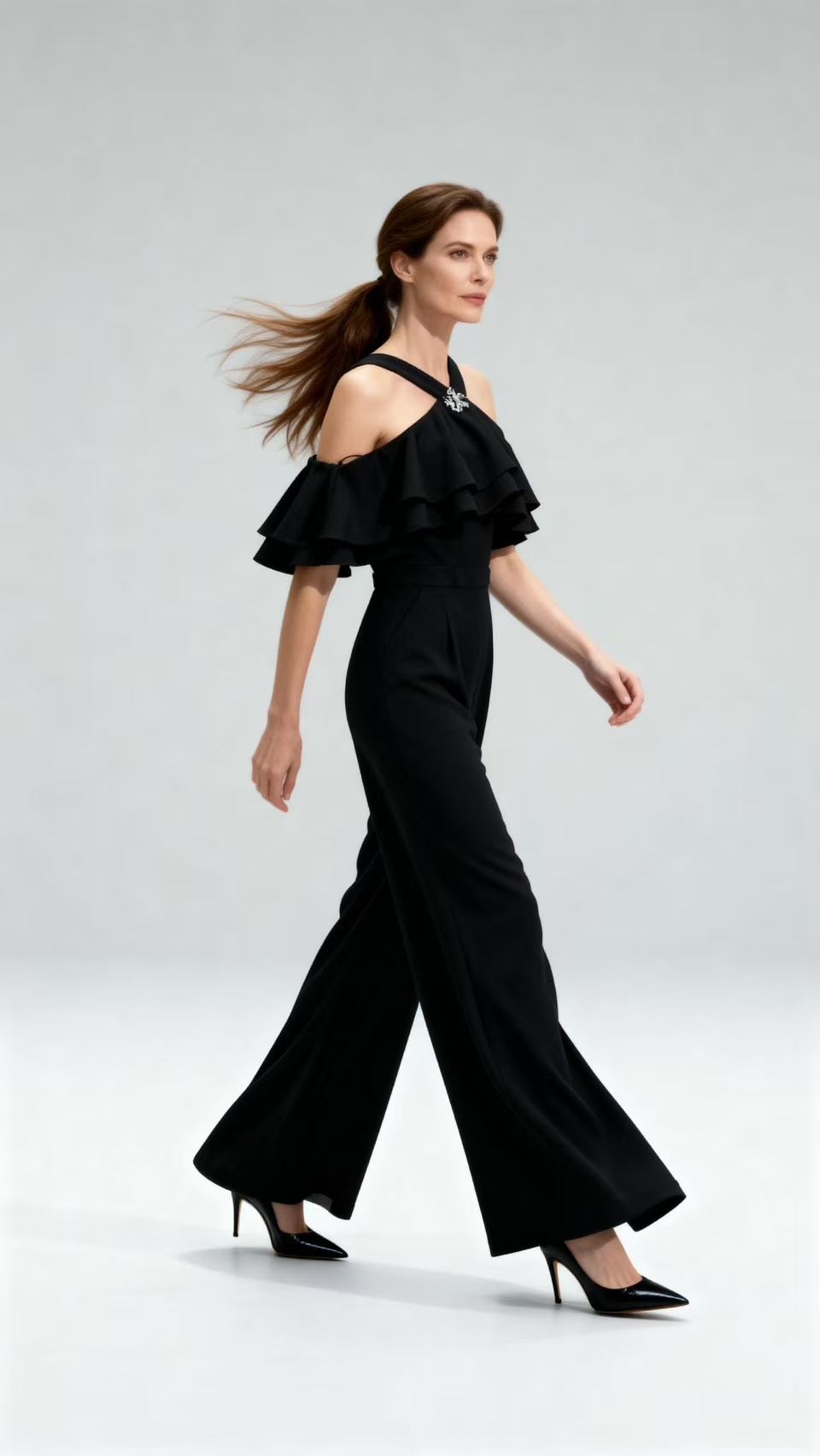 Black Halter Cold Shoulder Ruffled Wide-Leg Jumpsuit