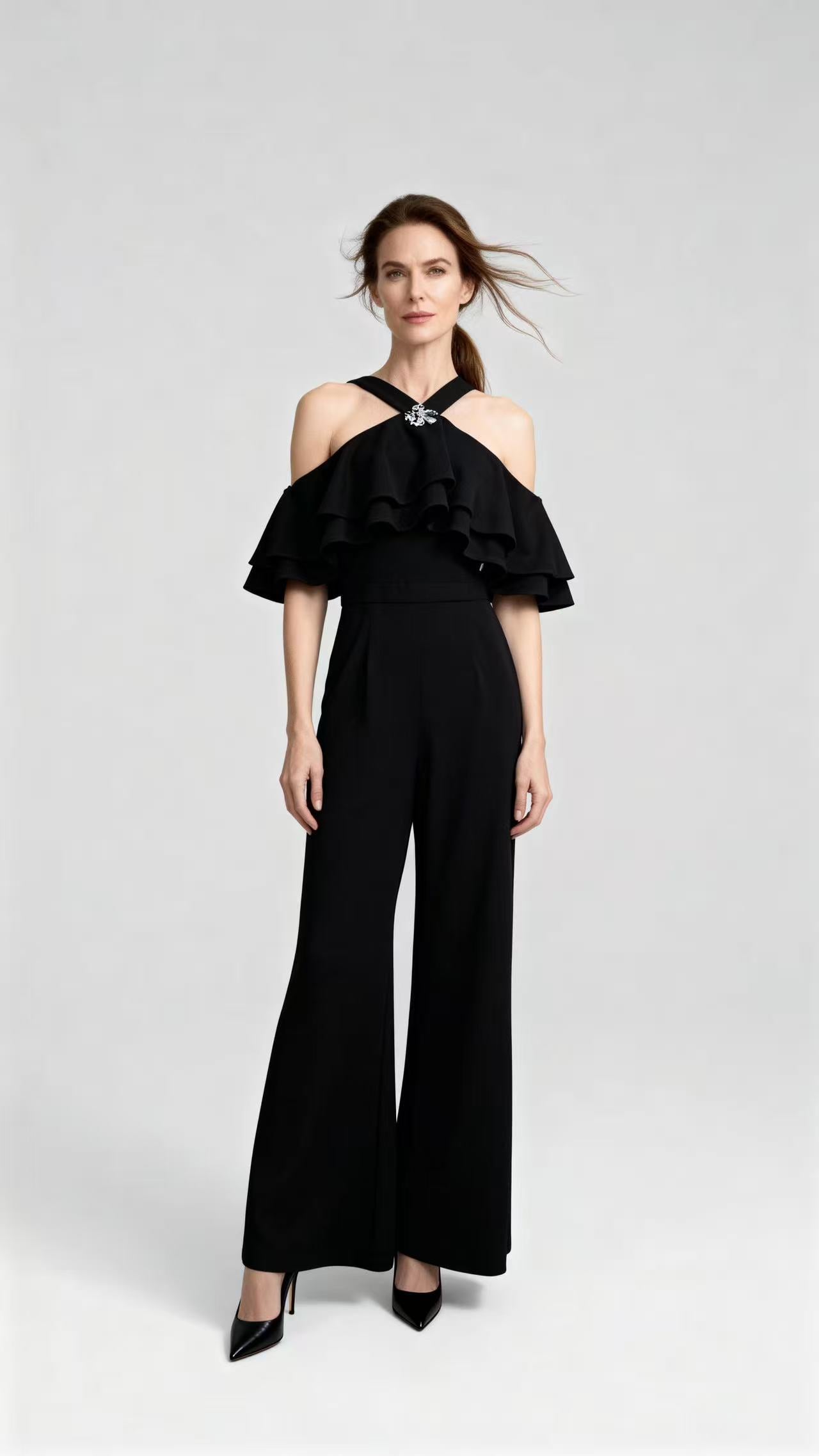Black Halter Cold Shoulder Ruffled Wide-Leg Jumpsuit