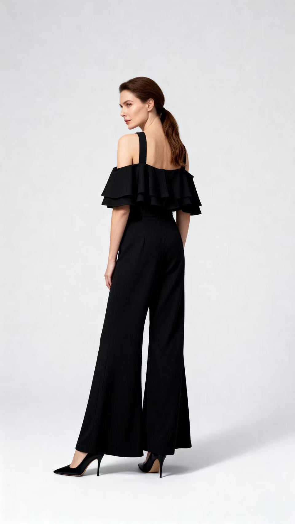 Black Halter Cold Shoulder Ruffled Wide-Leg Jumpsuit