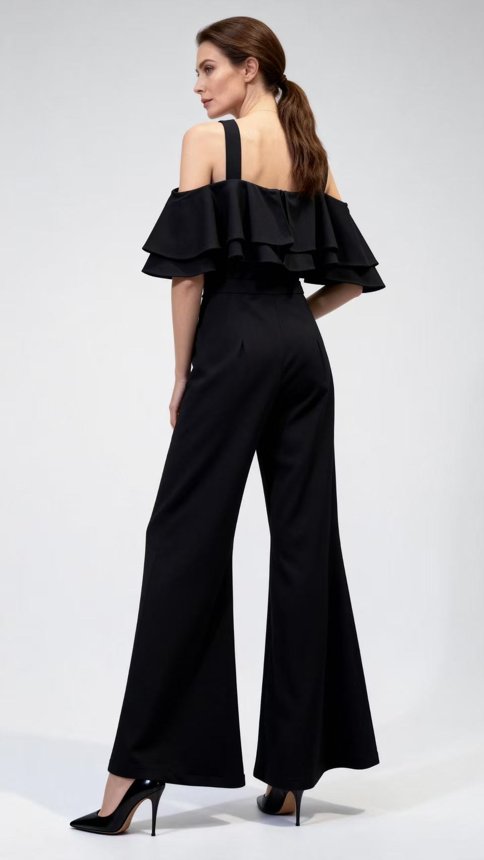 Black Halter Cold Shoulder Ruffled Wide-Leg Jumpsuit