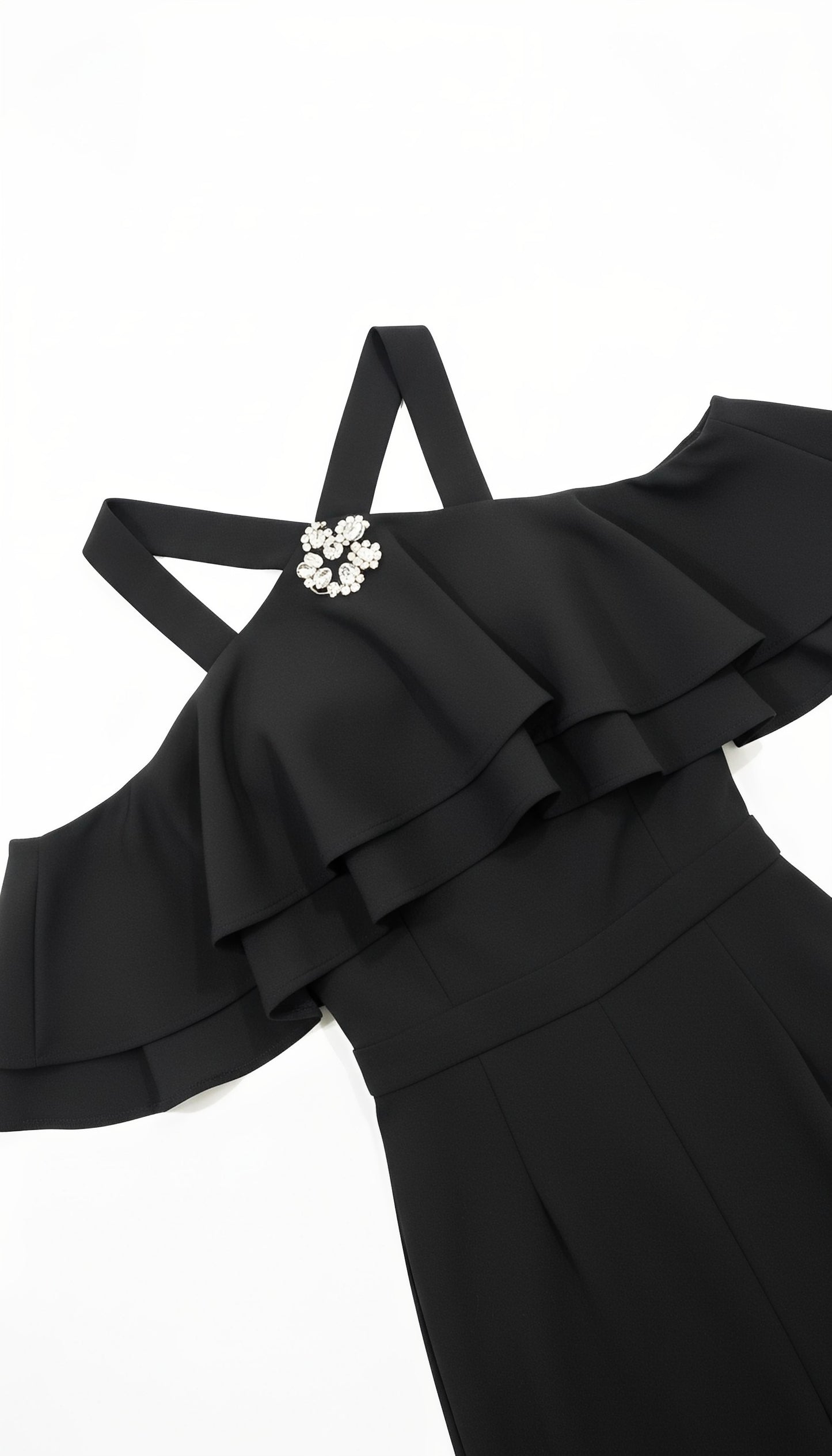 Black Halter Cold Shoulder Ruffled Wide-Leg Jumpsuit