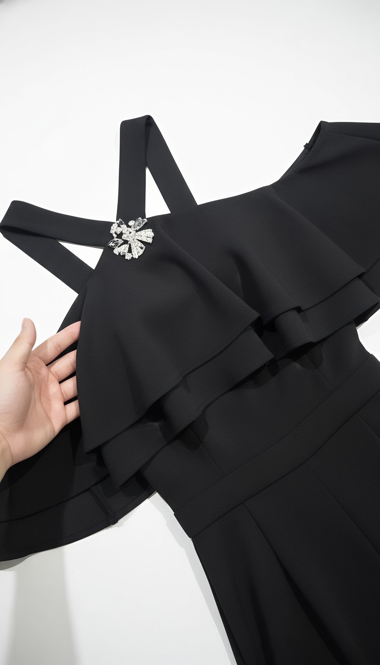 Black Halter Cold Shoulder Ruffled Wide-Leg Jumpsuit