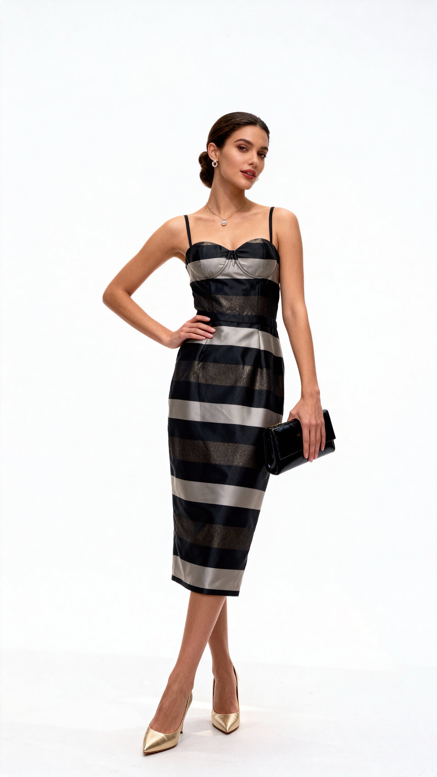 Striped Spaghetti Strap Waist-Defined Midi Dress