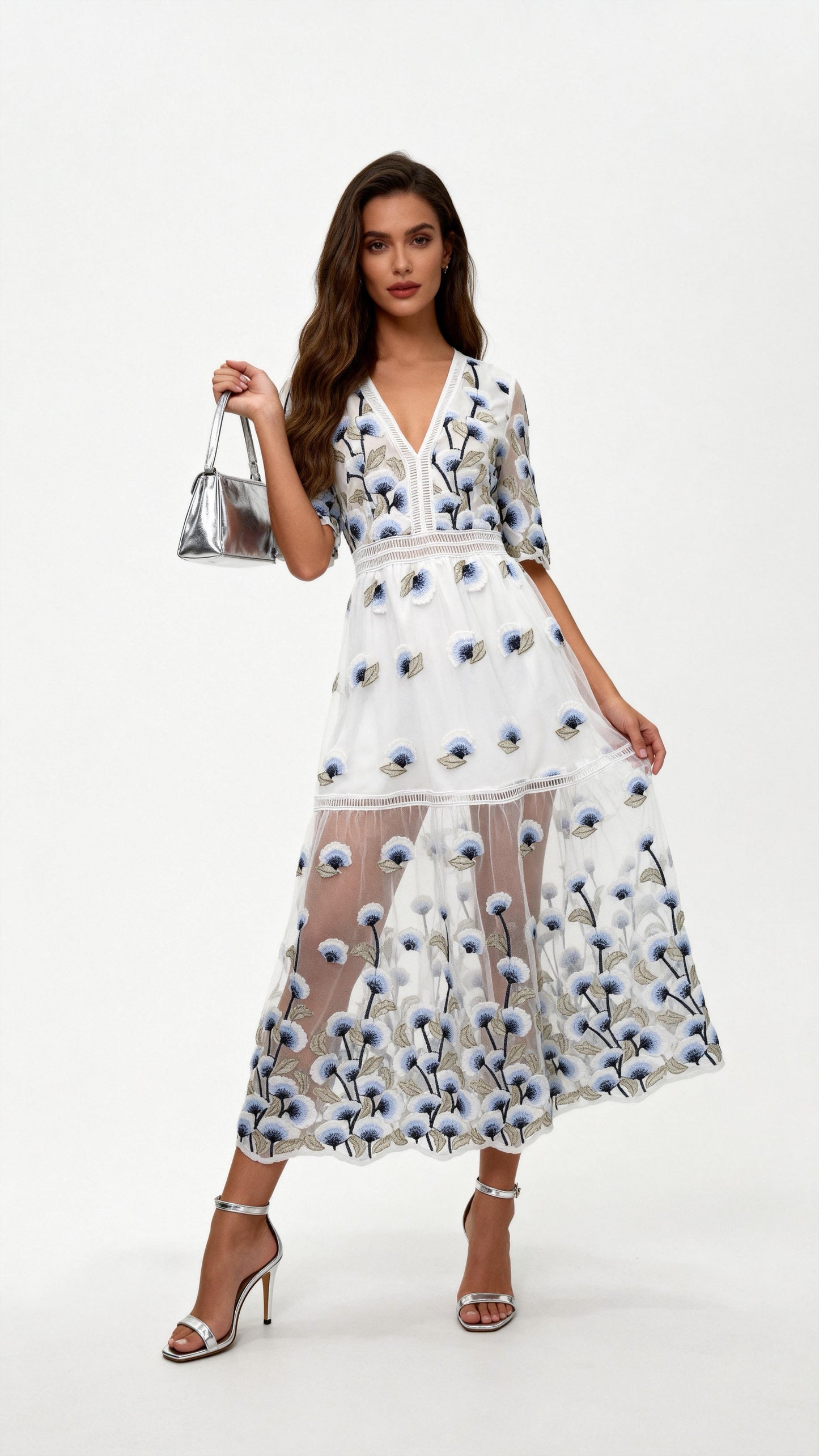Blue Embroidered Tulle V-Neck Midi Dress
