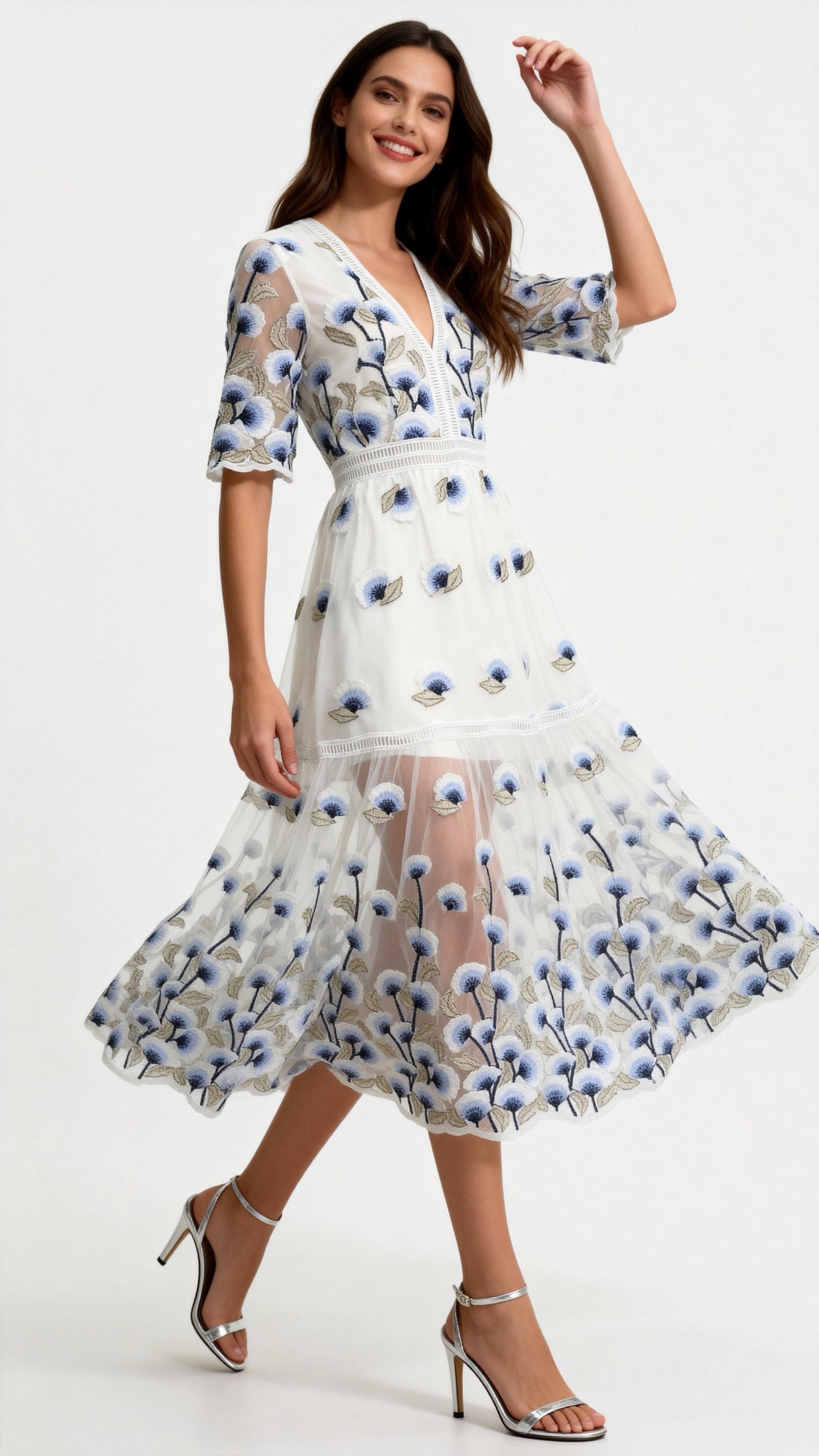 Blue Embroidered Tulle V-Neck Midi Dress