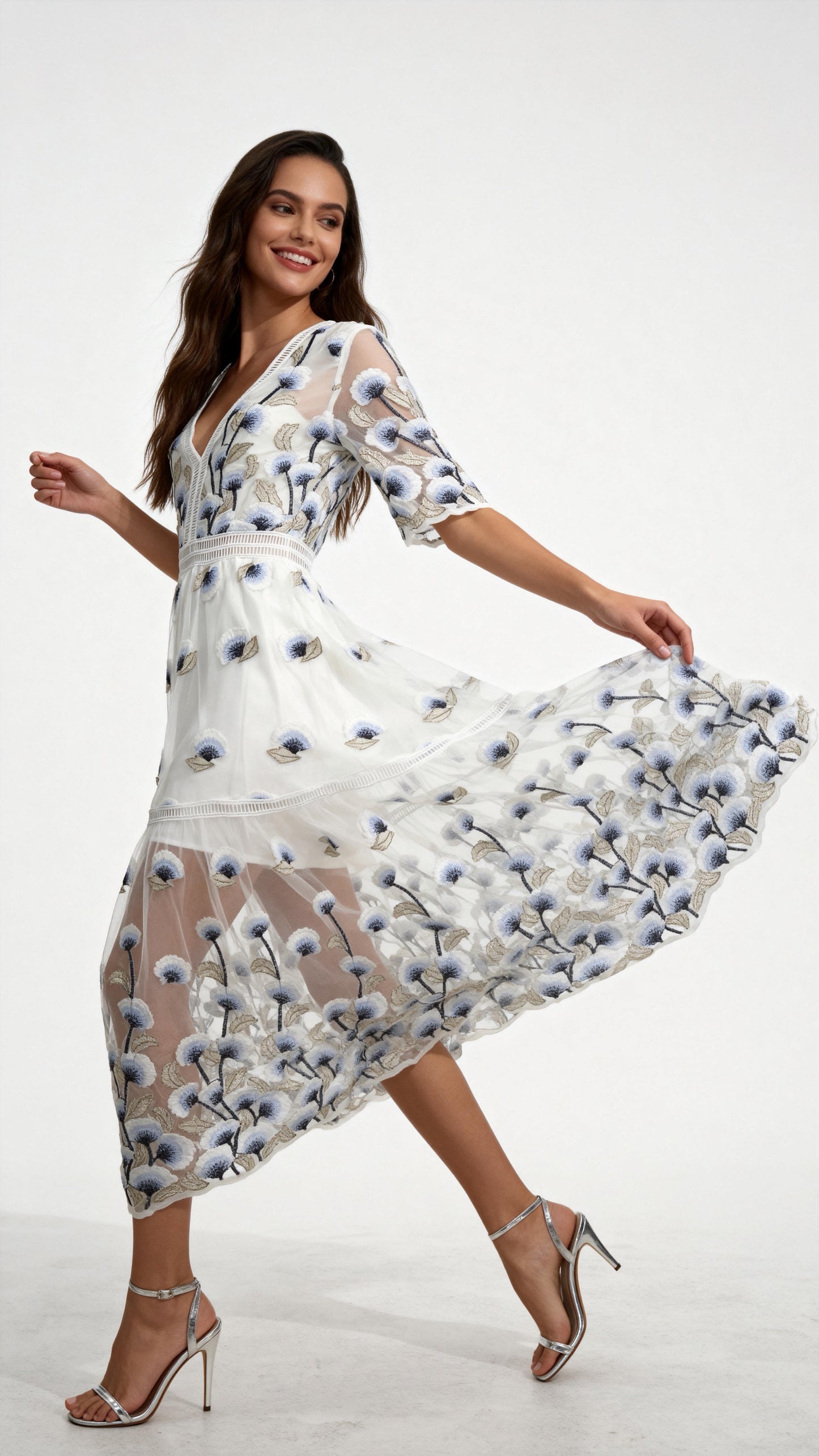 Blue Embroidered Tulle V-Neck Midi Dress