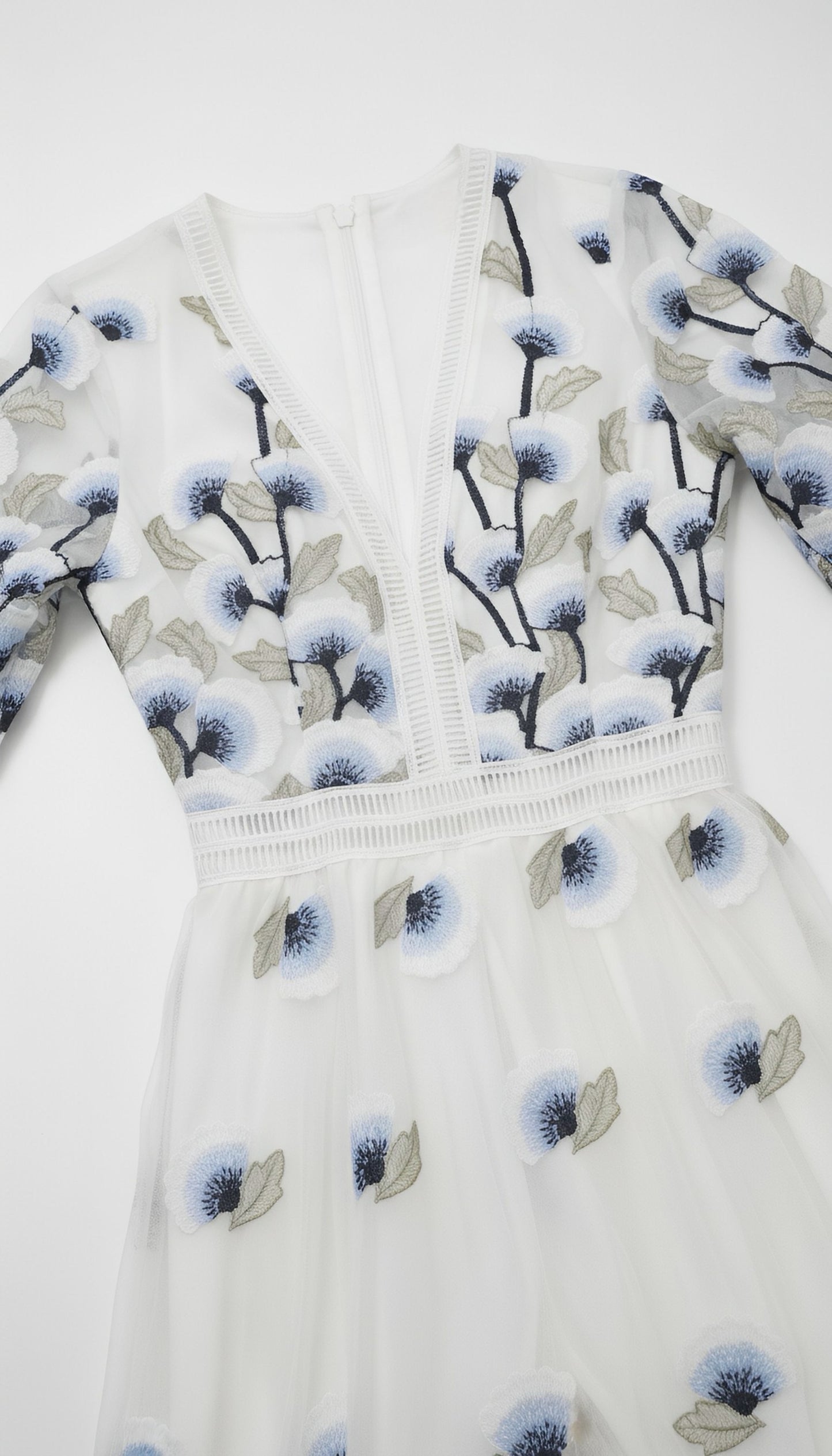 Blue Embroidered Tulle V-Neck Midi Dress