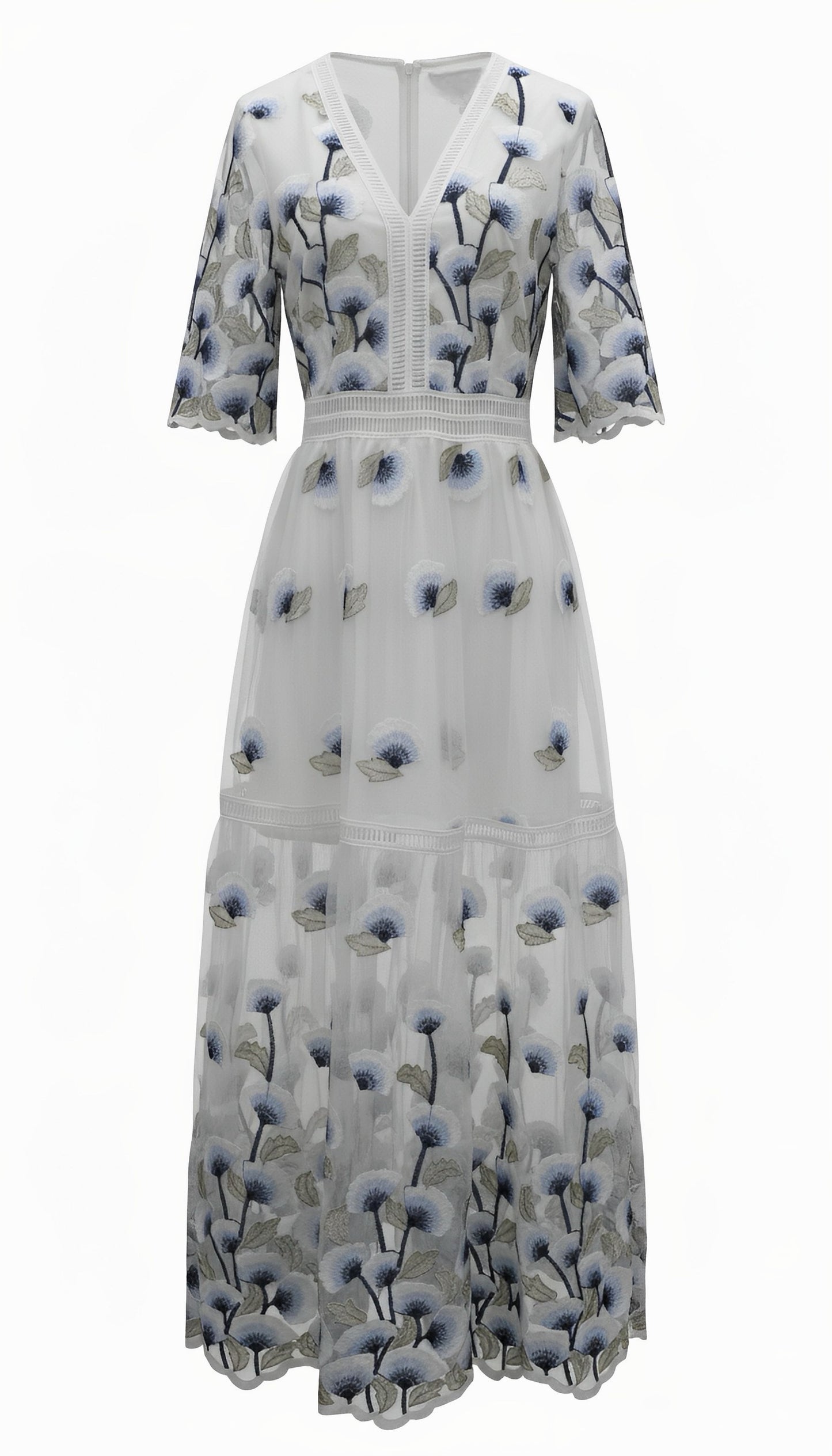 Blue Embroidered Tulle V-Neck Midi Dress