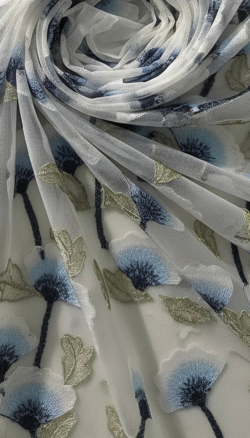 Blue Embroidered Tulle V-Neck Midi Dress