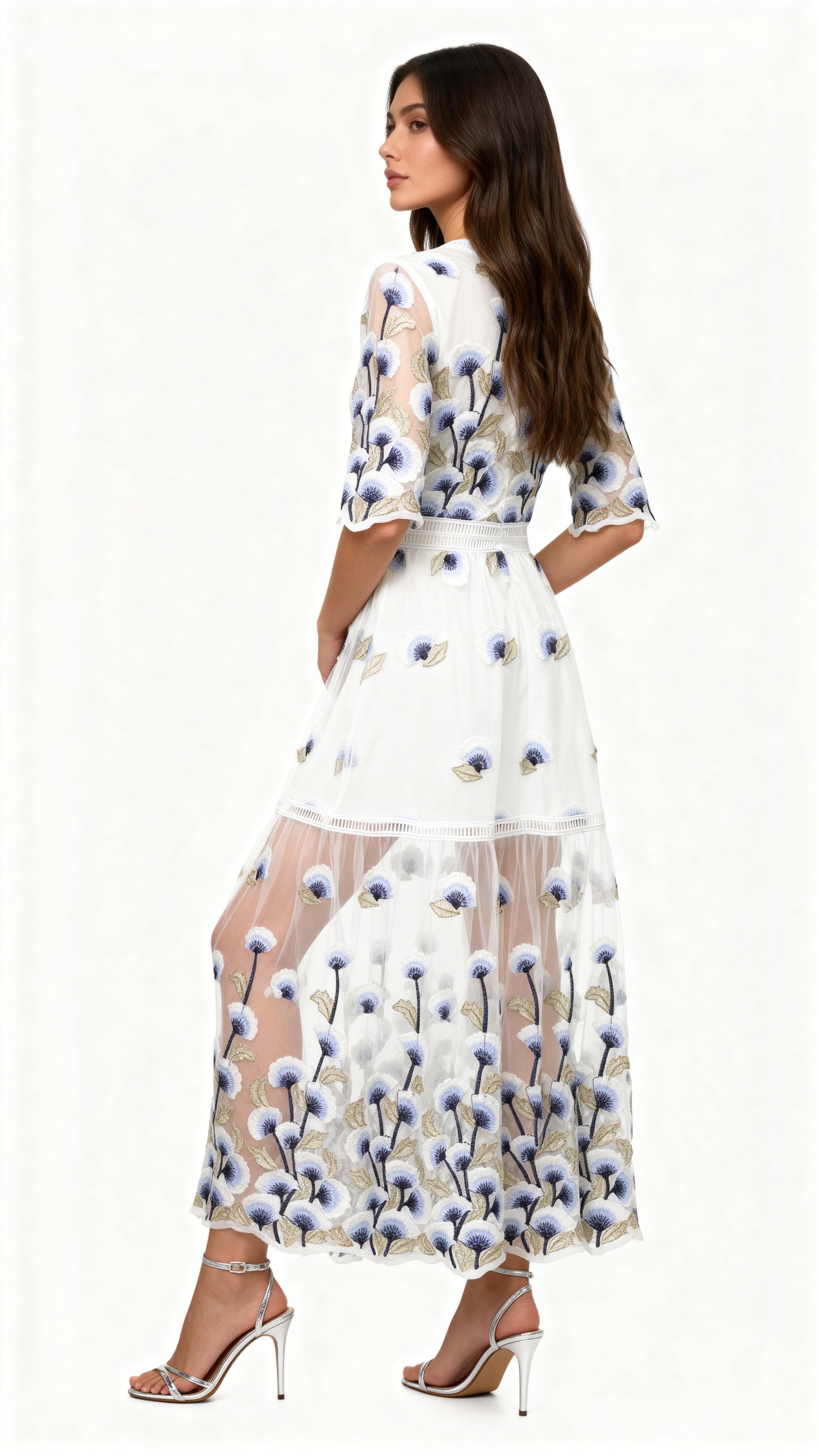 Blue Embroidered Tulle V-Neck Midi Dress