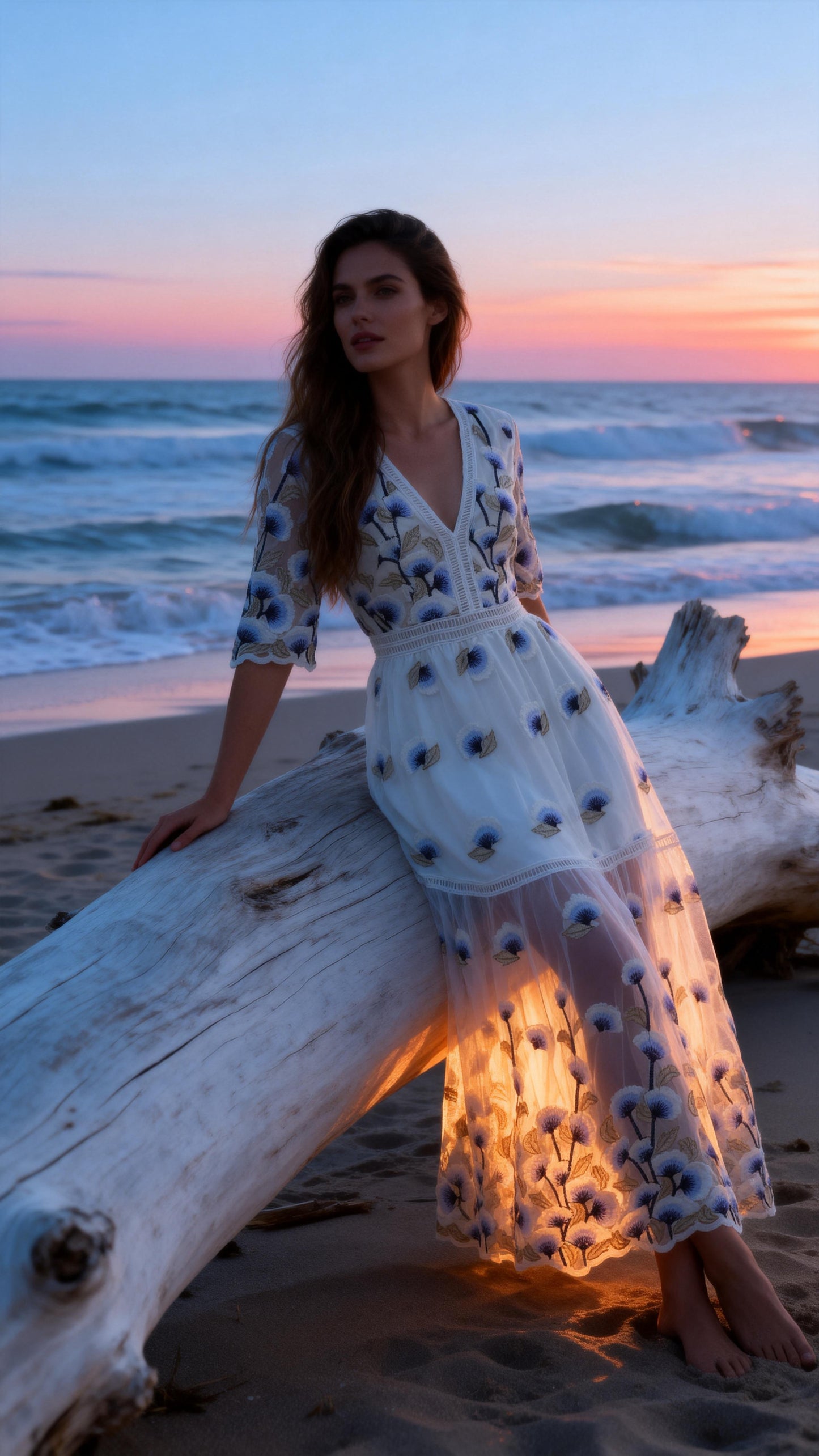 Blue Embroidered Tulle V-Neck Midi Dress