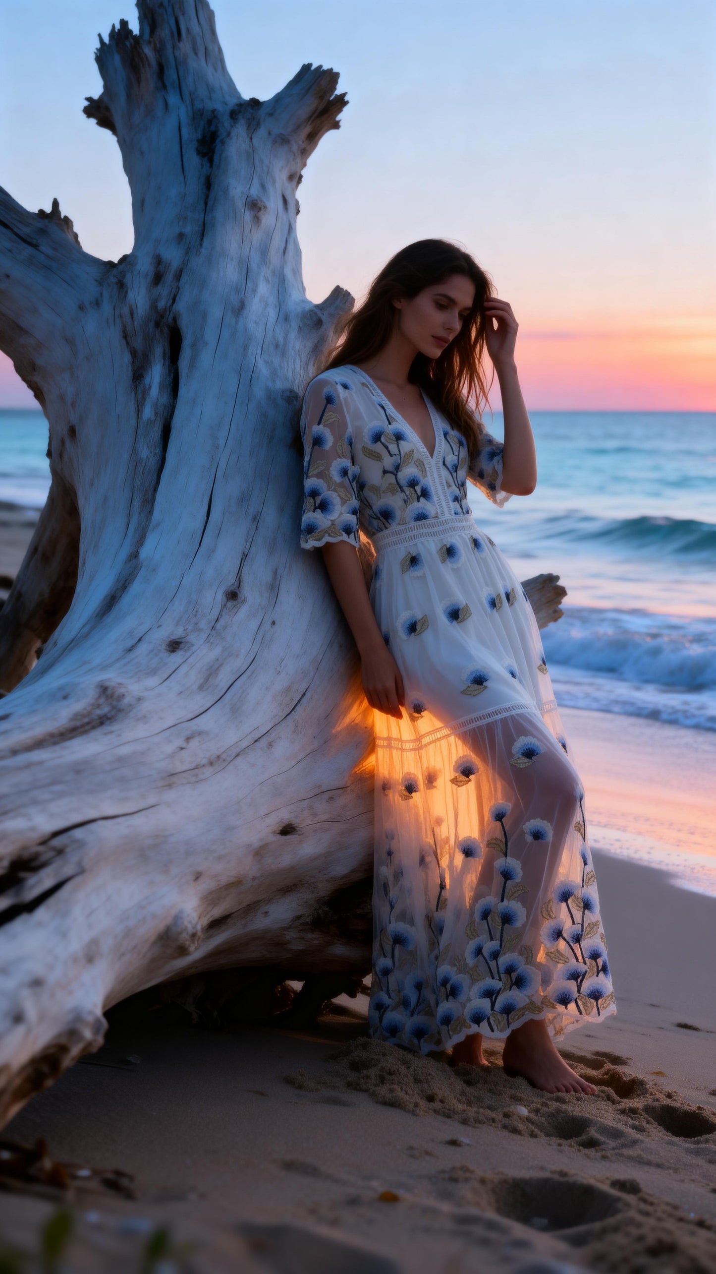 Blue Embroidered Tulle V-Neck Midi Dress