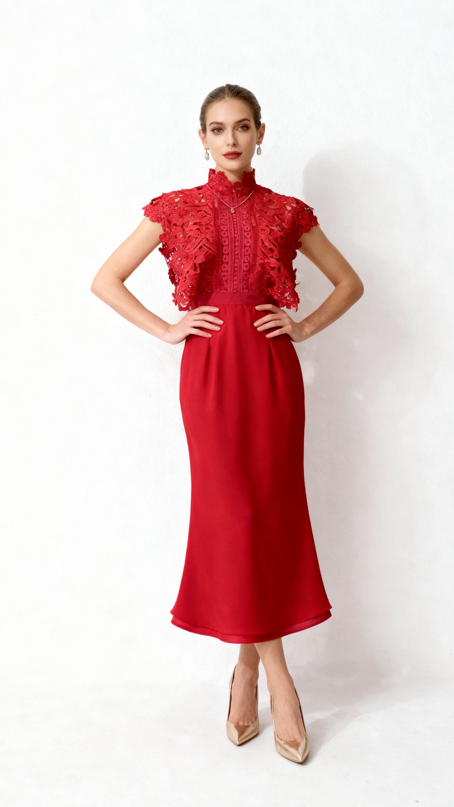 Red Lace-Paneled Stand Collar Waist-Defined Maxi Dress