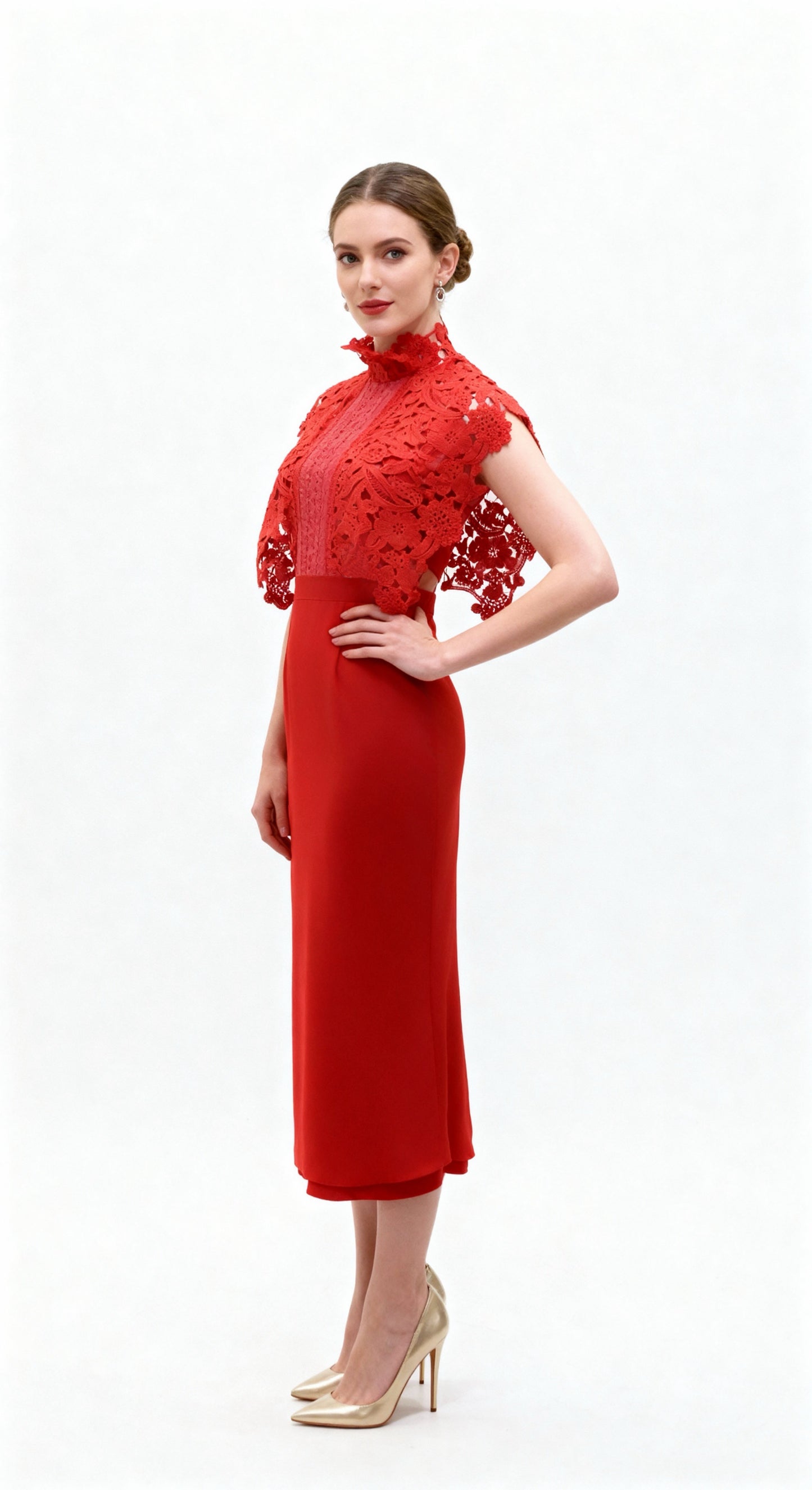 Red Lace-Paneled Stand Collar Waist-Defined Maxi Dress