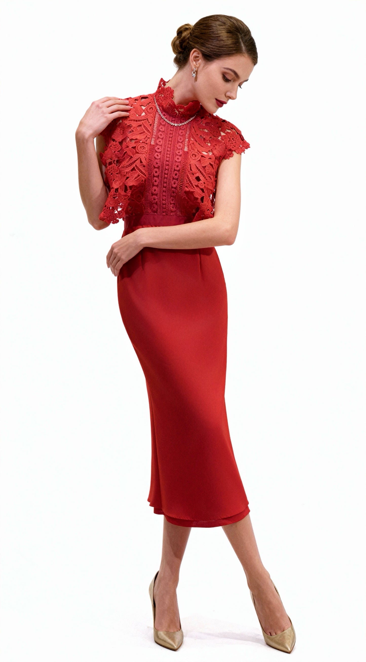 Red Lace-Paneled Stand Collar Waist-Defined Maxi Dress