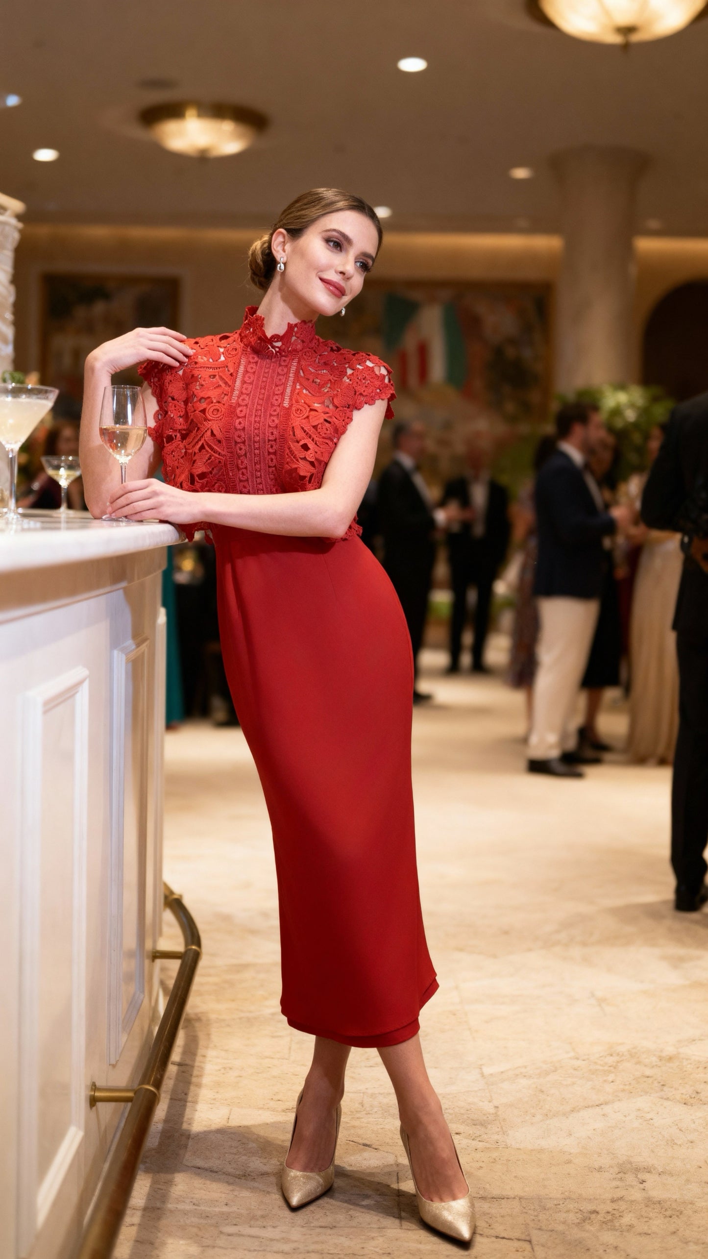 Red Lace-Paneled Stand Collar Waist-Defined Maxi Dress
