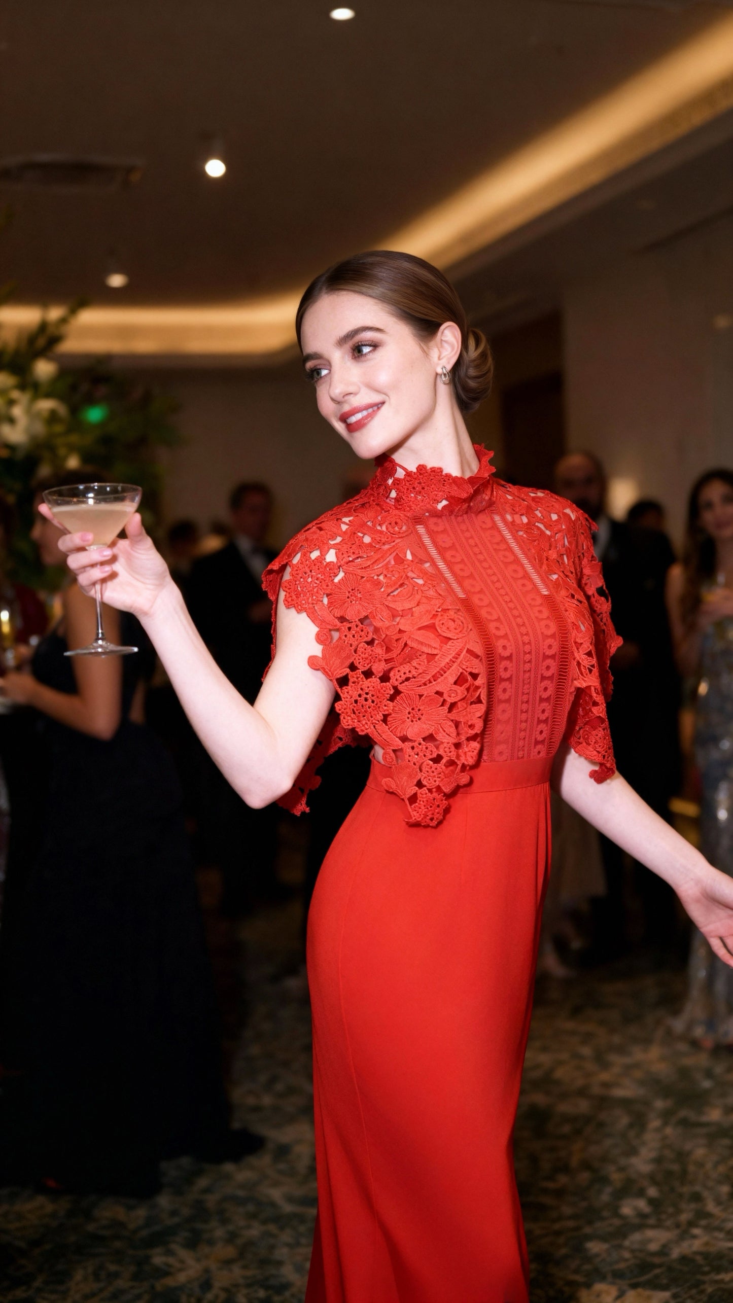 Red Lace-Paneled Stand Collar Waist-Defined Maxi Dress