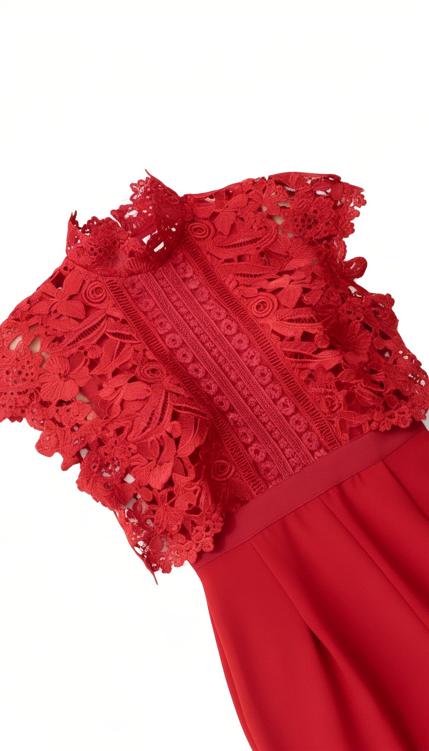 Red Lace-Paneled Stand Collar Waist-Defined Maxi Dress