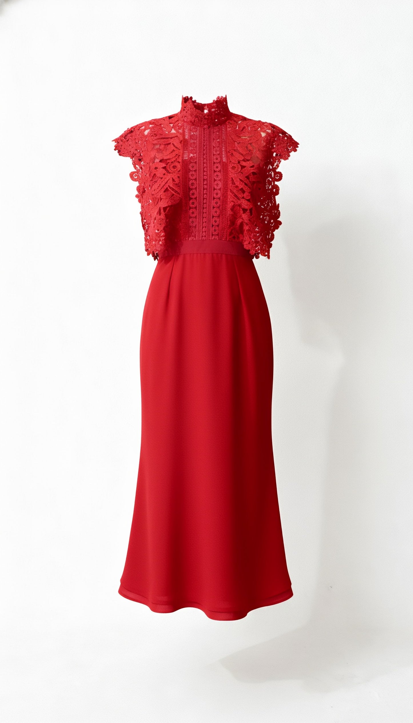Red Lace-Paneled Stand Collar Waist-Defined Maxi Dress