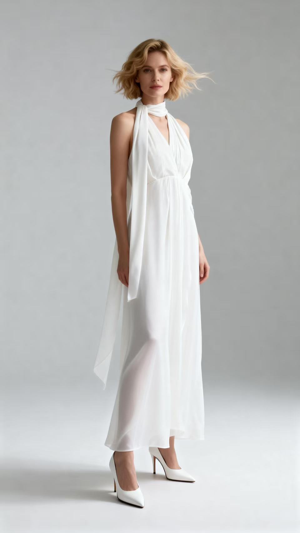 White Flowing Sash Silk Floor-Length Dress
