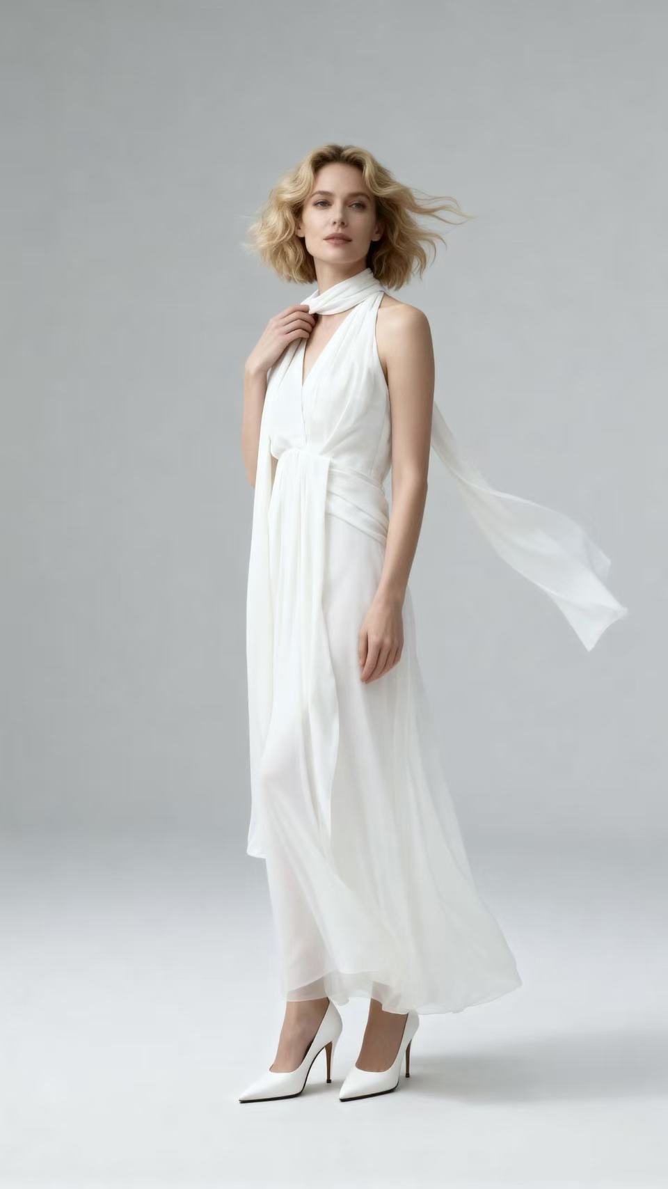 White Flowing Sash Silk Floor-Length Dress