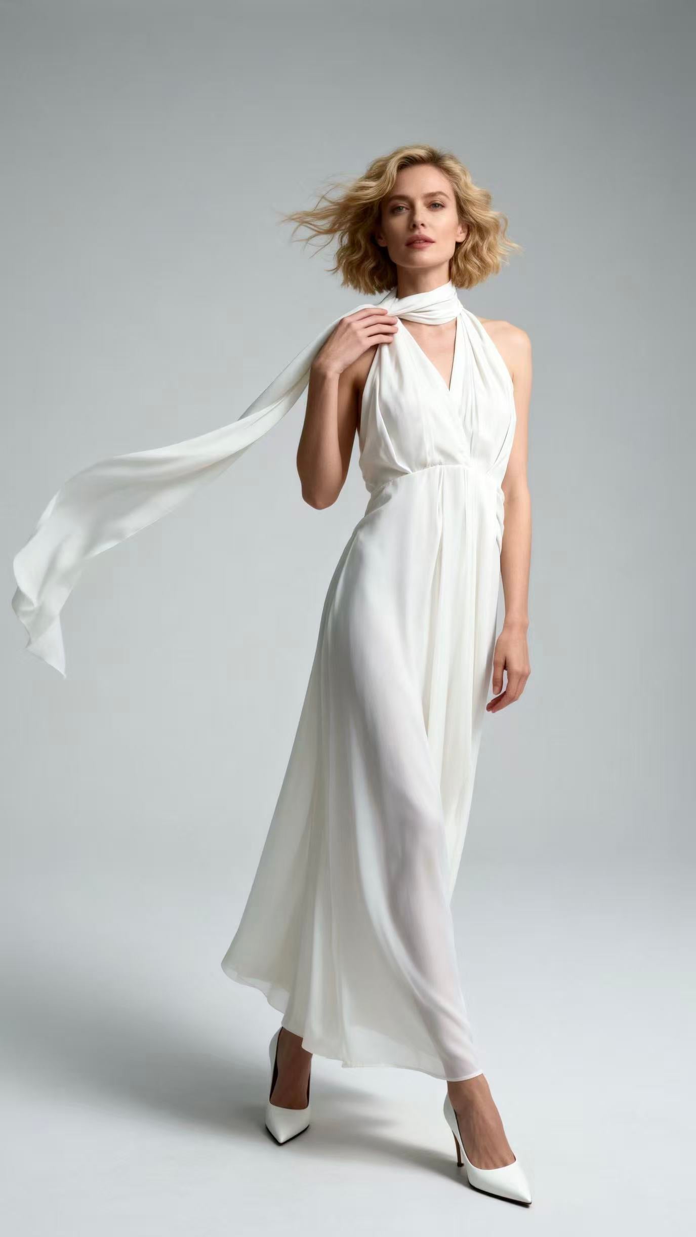 White Flowing Sash Silk Floor-Length Dress