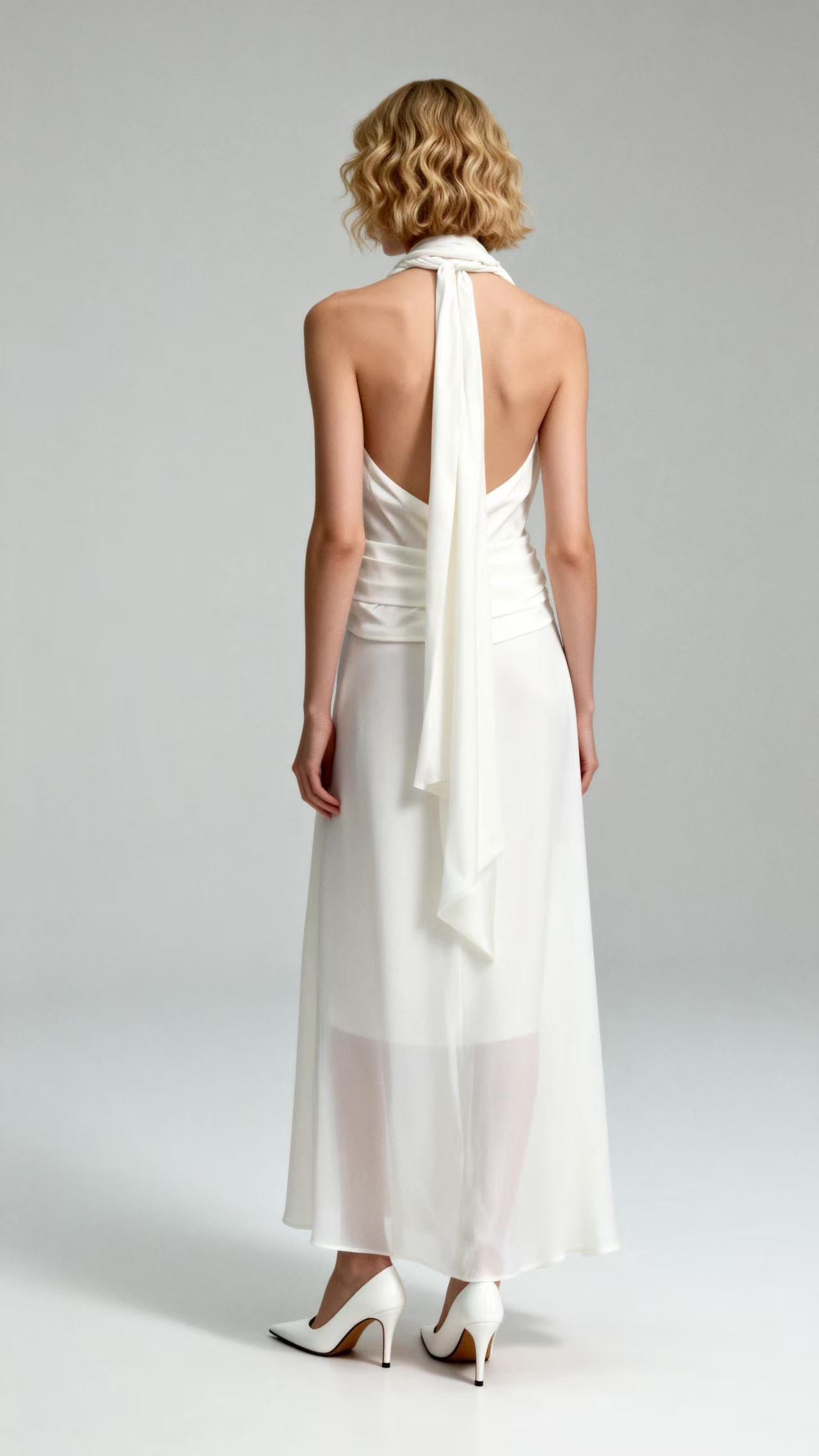 White Flowing Sash Silk Floor-Length Dress