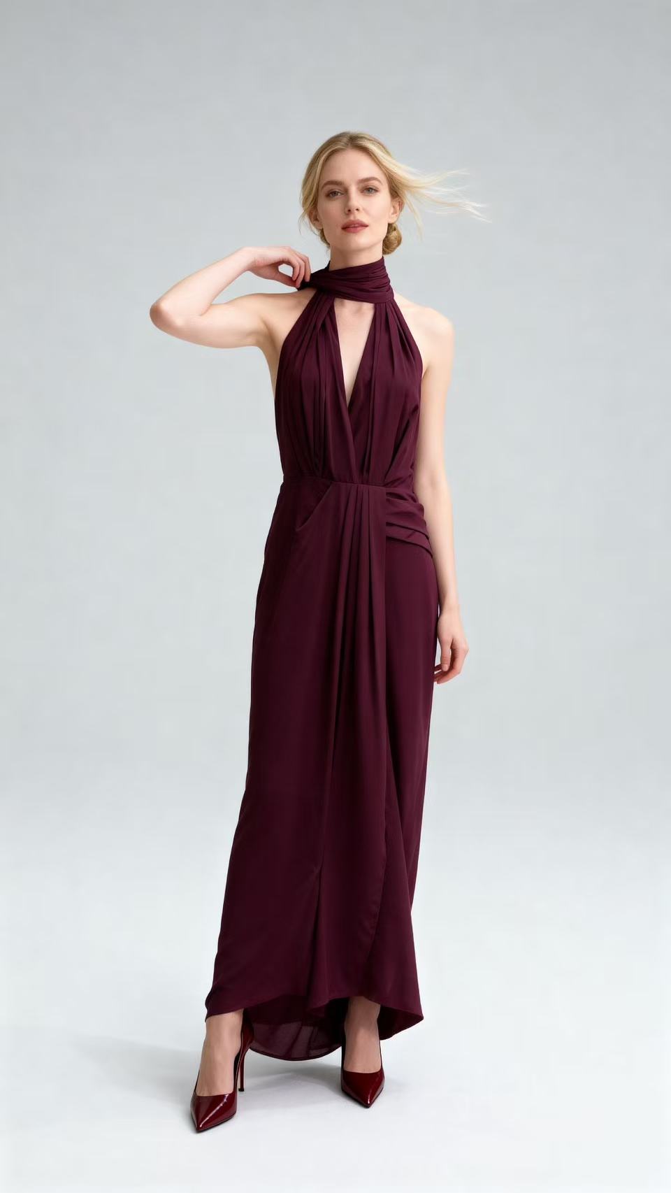 Burgundy Halter Deep V-Neck Silk Maxi Dress