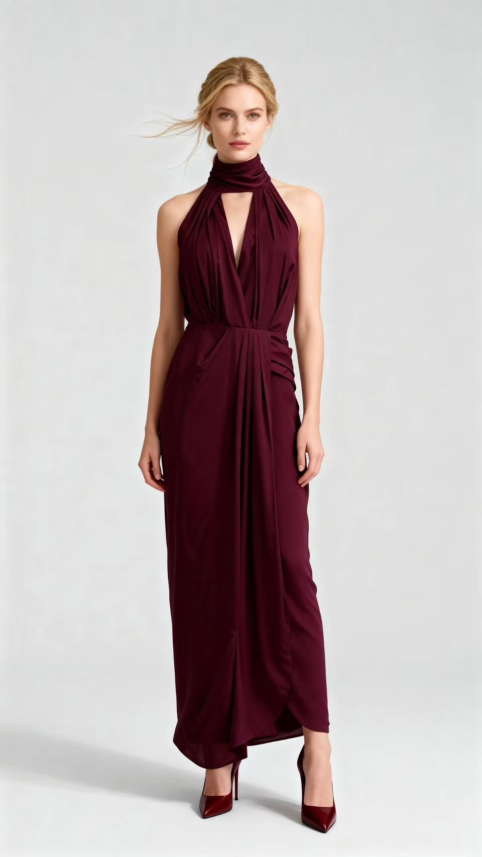 Burgundy Halter Deep V-Neck Silk Maxi Dress