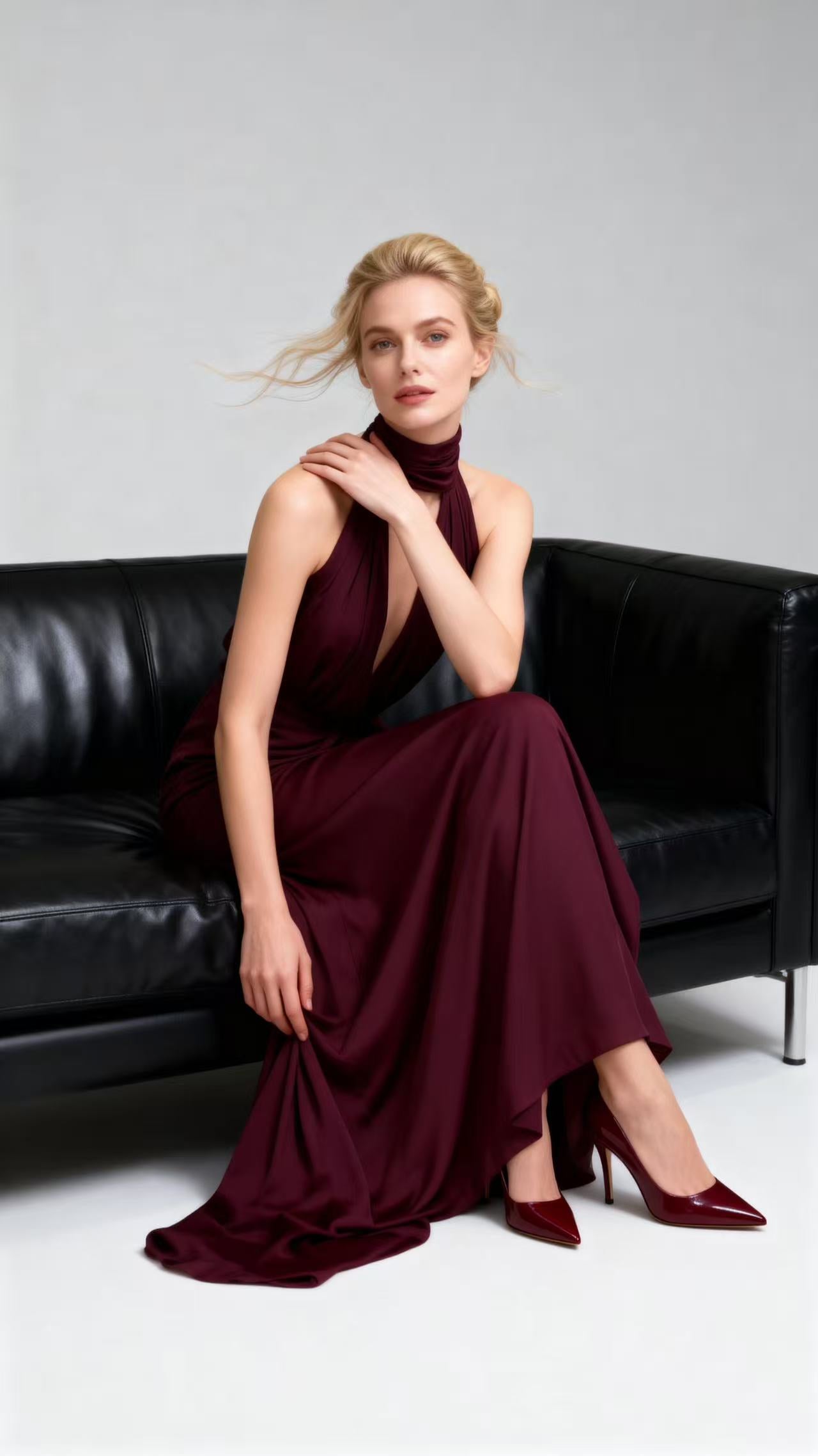 Burgundy Halter Deep V-Neck Silk Maxi Dress
