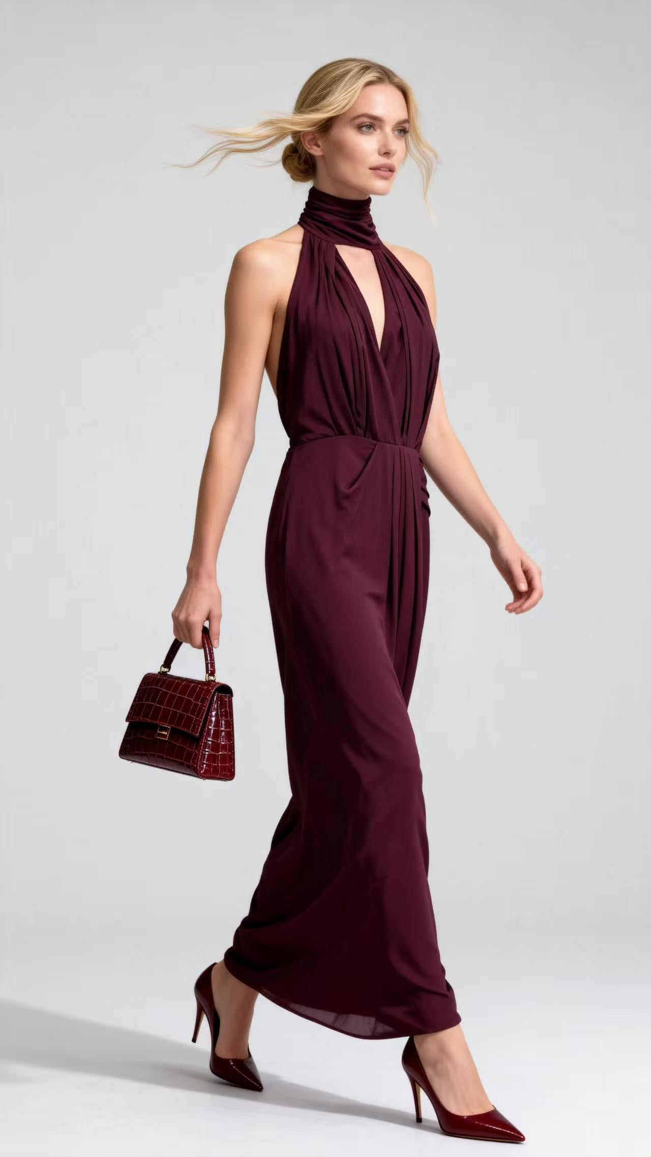Burgundy Halter Deep V-Neck Silk Maxi Dress