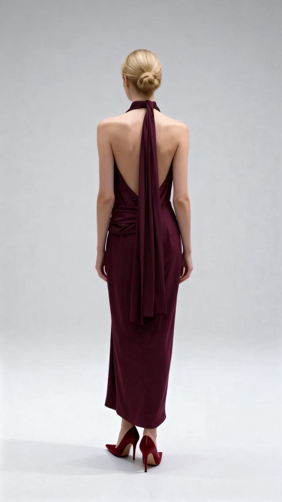 Burgundy Halter Deep V-Neck Silk Maxi Dress
