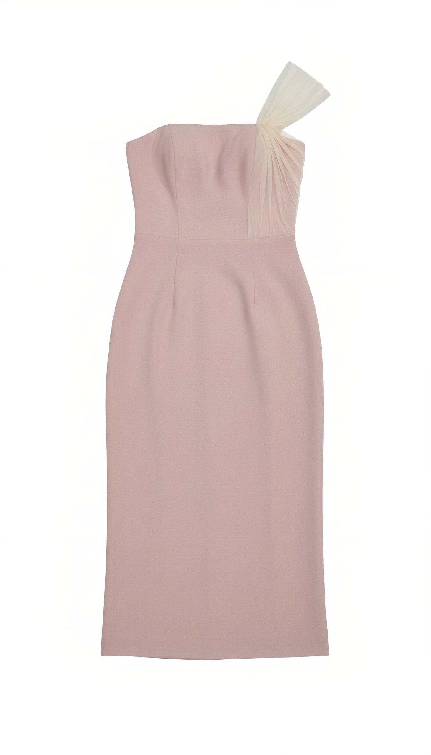 Light Pink One-Shoulder Tulle-Paneled Bustier Waist-Defined Midi Dress